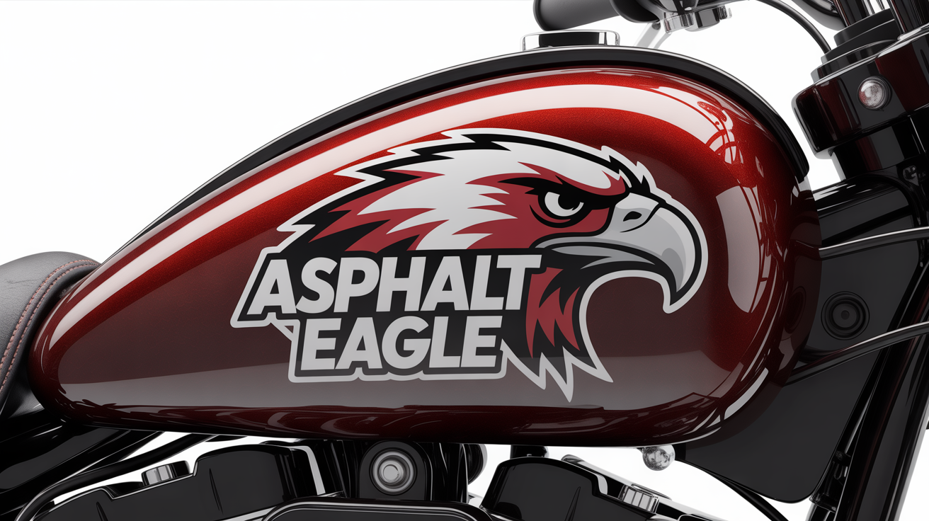 A photorealistic mockup of a custom motorcycle sticker featuring a silver and red eagle head design with the text 'ASPHALT EAGLE', applied to a glossy red motorcycle tank against a white background.