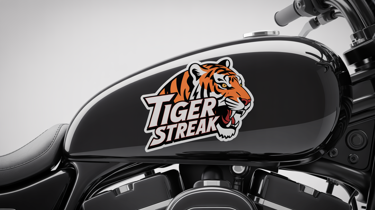 A die-cut vinyl sticker of a roaring tiger's head with the words 'TIGER STREAK', mocked up on a glossy black motorcycle part against a plain white background.