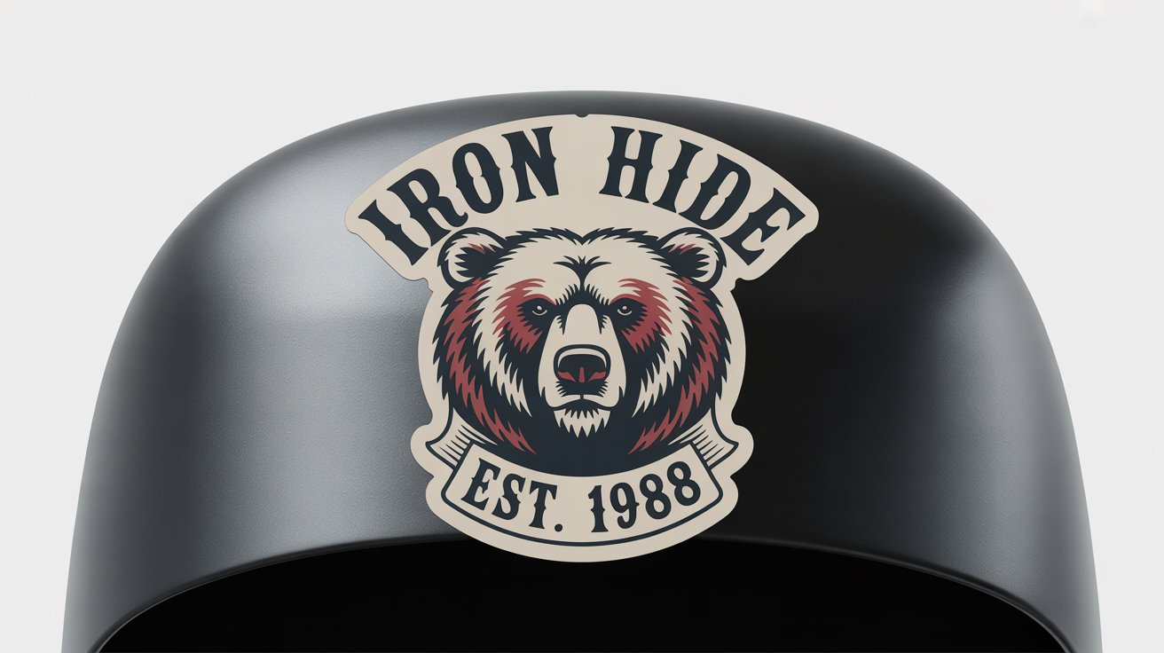 A mockup of a vintage-style circular motorcycle sticker featuring a roaring grizzly bear and the text 'IRON HIDE EST. 1988', shown on a metallic surface against a white background.