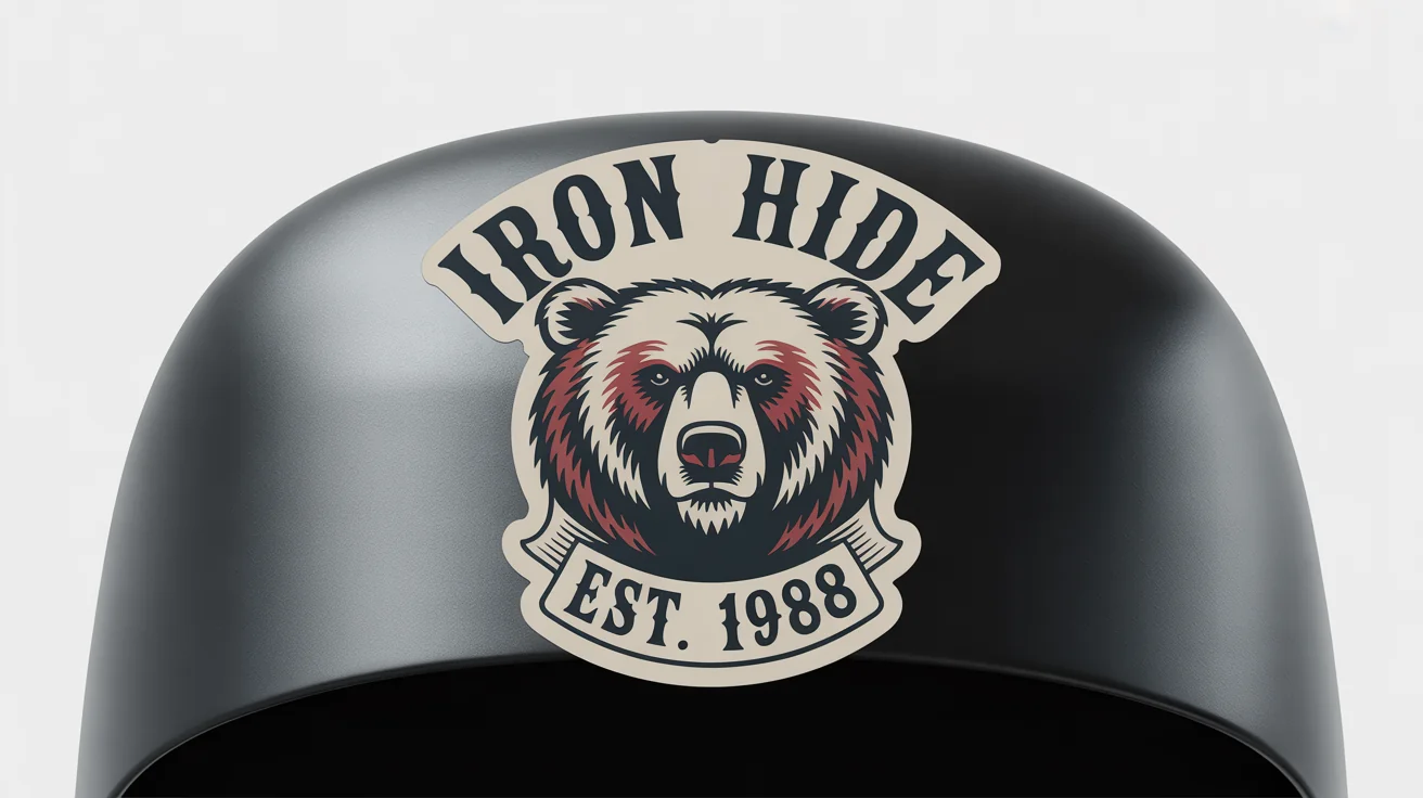 A mockup of a vintage-style circular motorcycle sticker featuring a roaring grizzly bear and the text 'IRON HIDE EST. 1988', shown on a metallic surface against a white background.
