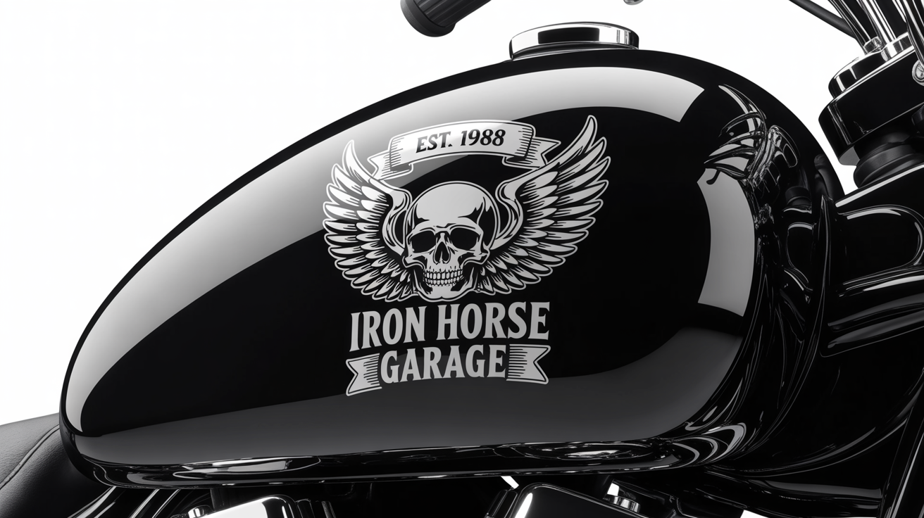 A custom motorcycle sticker with a chrome skull and wings, reading 'IRON HORSE GARAGE', shown on a black motorcycle fuel tank against a white background.