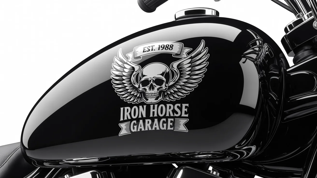 A custom motorcycle sticker with a chrome skull and wings, reading 'IRON HORSE GARAGE', shown on a black motorcycle fuel tank against a white background.