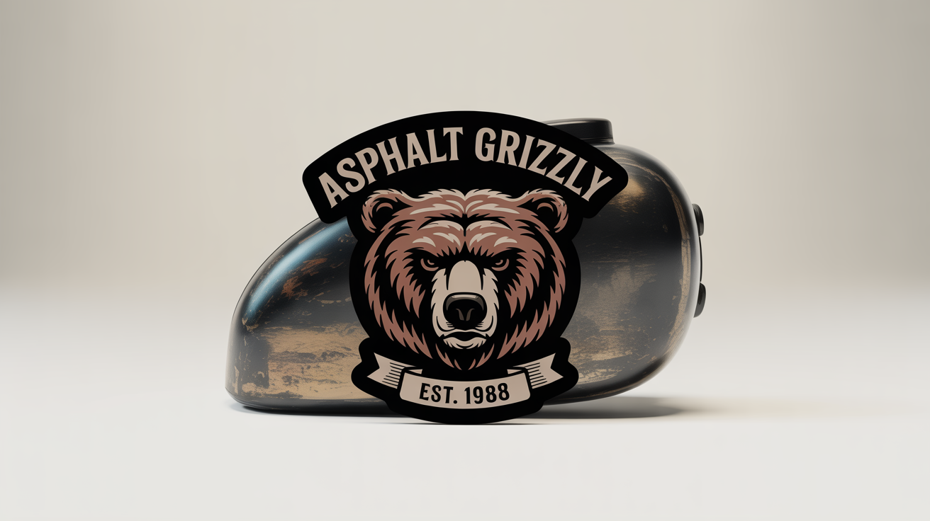 A die-cut vinyl motorcycle sticker mockup featuring a roaring grizzly bear head and the text 'ASPHALT GRIZZLY' and 'EST. 1988' on a clean white background.