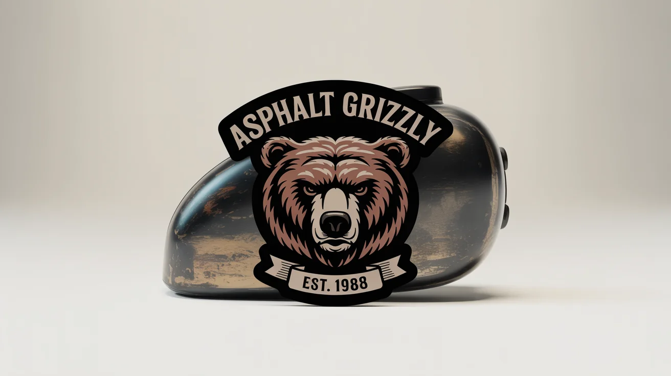 A die-cut vinyl motorcycle sticker mockup featuring a roaring grizzly bear head and the text 'ASPHALT GRIZZLY' and 'EST. 1988' on a clean white background.