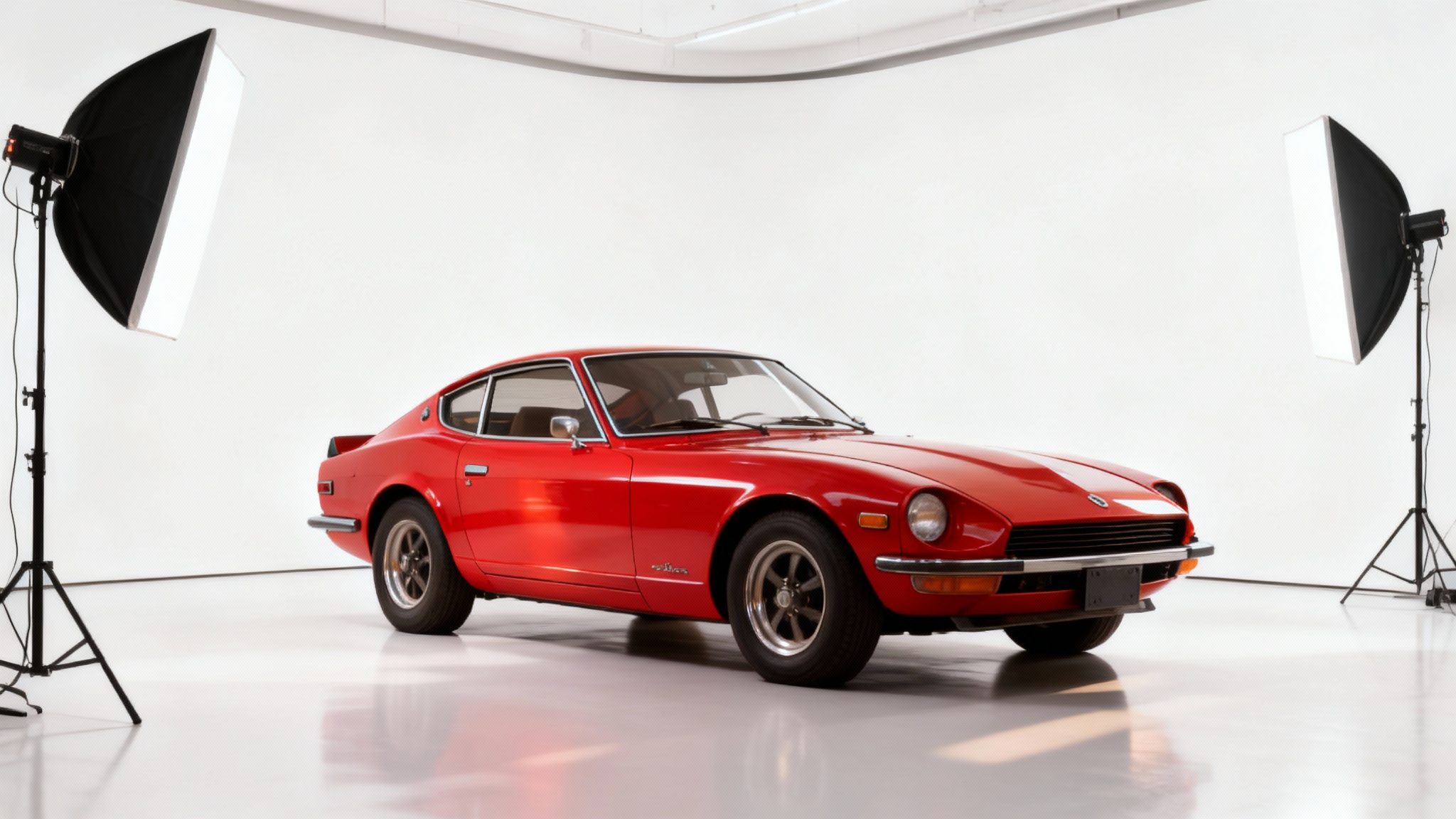 A professionally shot image of a classic red Datsun Fairlady Z in a minimalist white photo studio, demonstrating a background replacement effect.