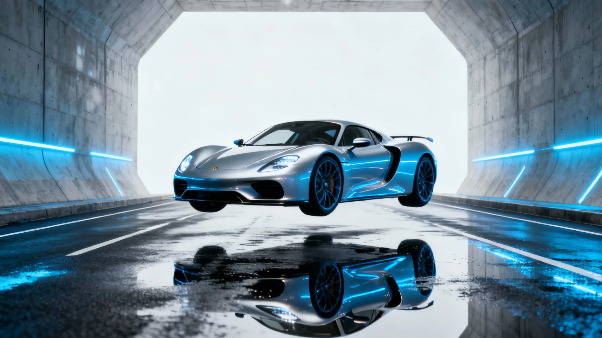 A photorealistic image of a futuristic silver sports car parked in a modern, brightly lit tunnel, isolated on a white background.