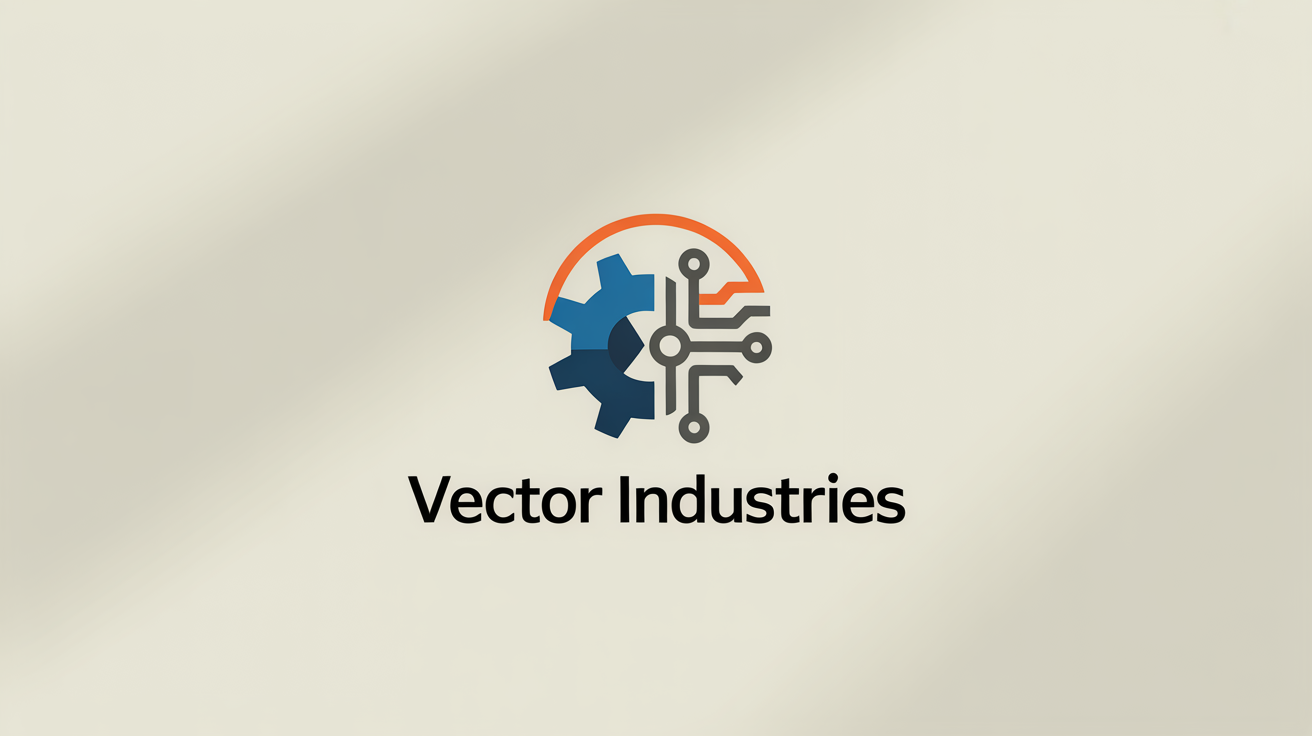 A modern logo for an engineering company named 'VECTOR INDUSTRIES'. The icon features abstract blue and grey geometric shapes with an orange accent, positioned above the company name on a clean background.