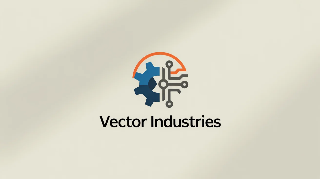 A modern logo for an engineering company named 'VECTOR INDUSTRIES'. The icon features abstract blue and grey geometric shapes with an orange accent, positioned above the company name on a clean background.