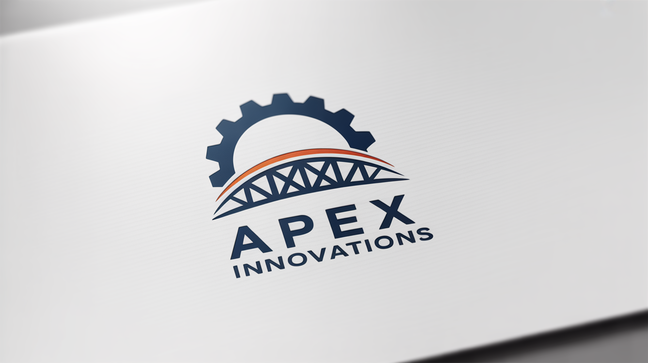 A professional engineering logo for the fictional company 'Apex Innovations', featuring a navy blue and silver abstract symbol of a gear and bridge truss, displayed on a clean white background.