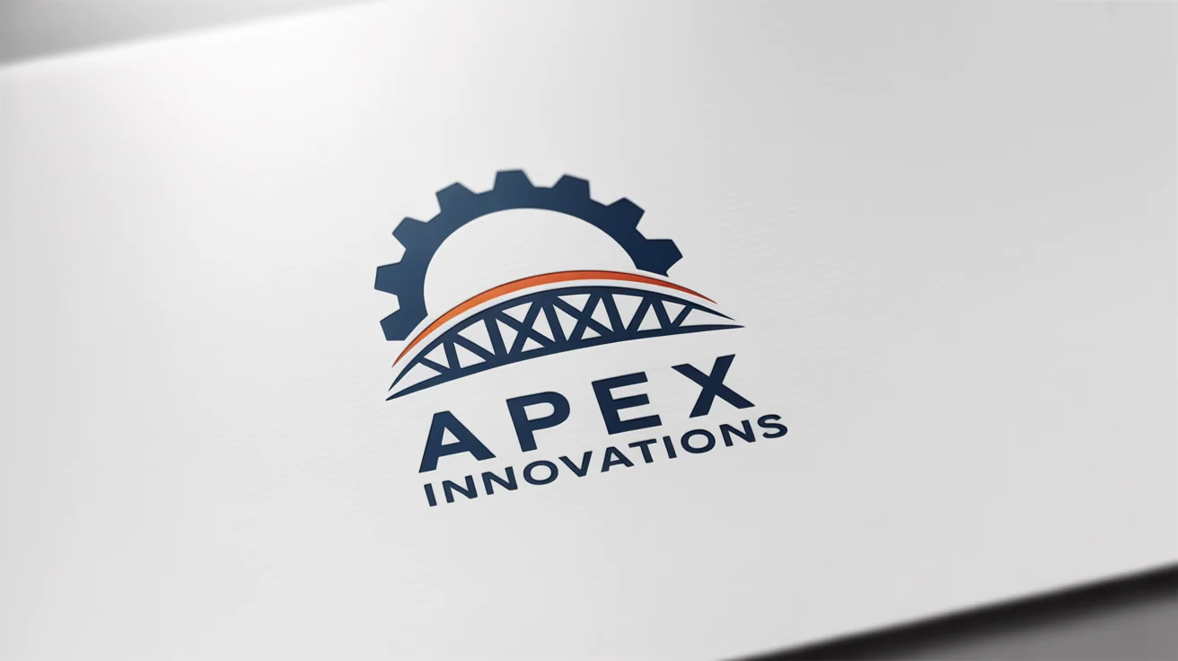 A professional engineering logo for the fictional company 'Apex Innovations', featuring a navy blue and silver abstract symbol of a gear and bridge truss, displayed on a clean white background.