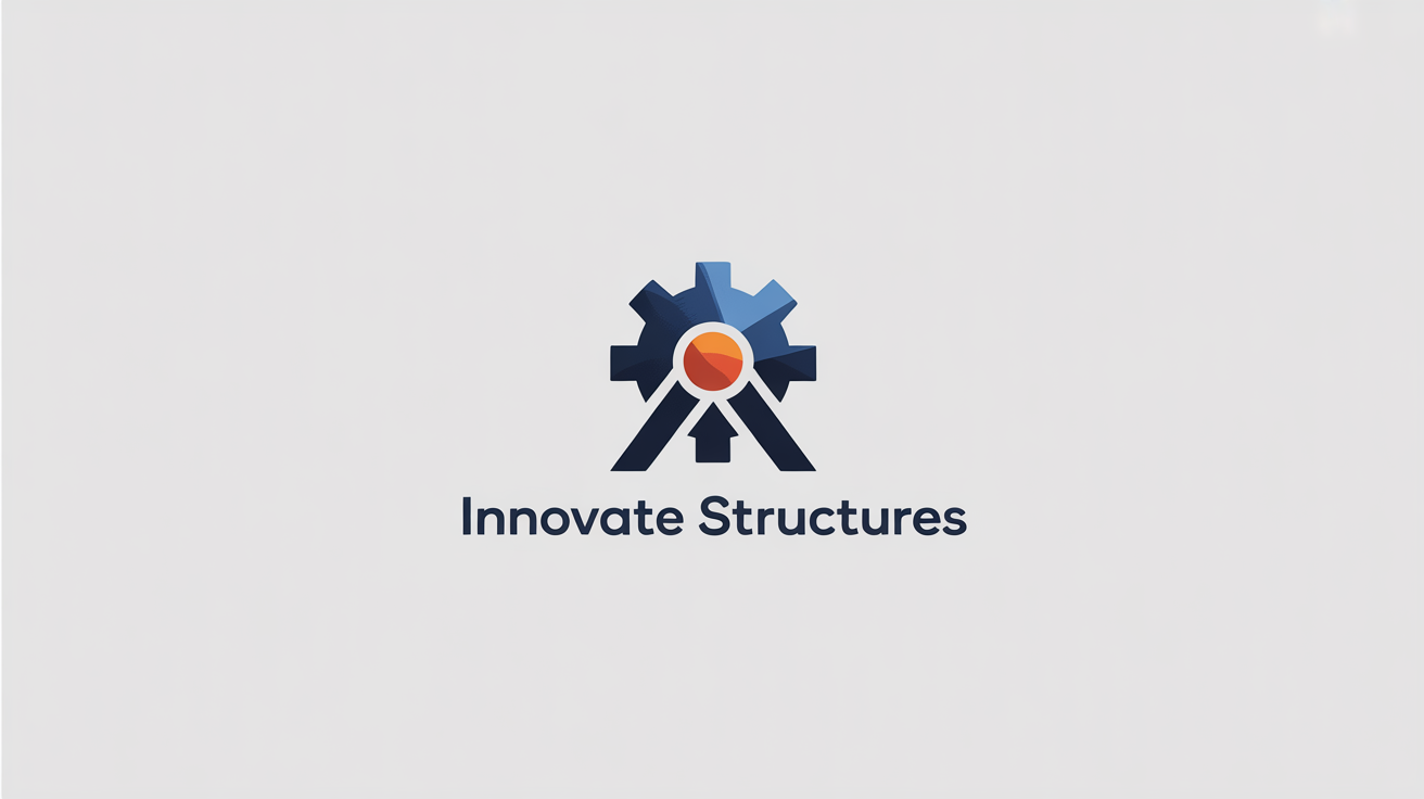 A modern engineering logo for a fictional company called 'Innovate Structures', featuring a geometric icon of a gear and compass. The logo is navy blue, silver, and orange, set against a plain white background.