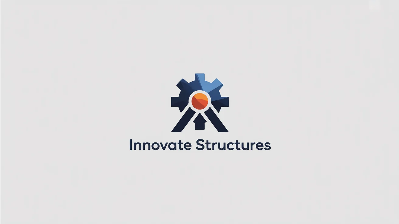 A modern engineering logo for a fictional company called 'Innovate Structures', featuring a geometric icon of a gear and compass. The logo is navy blue, silver, and orange, set against a plain white background.