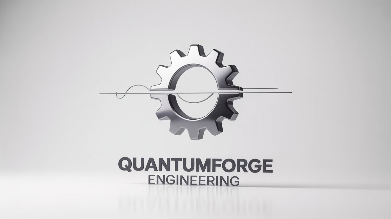 A modern engineering logo for 'QuantumForge Engineering' featuring a metallic silver gear and blueprint design, presented on a clean white background.