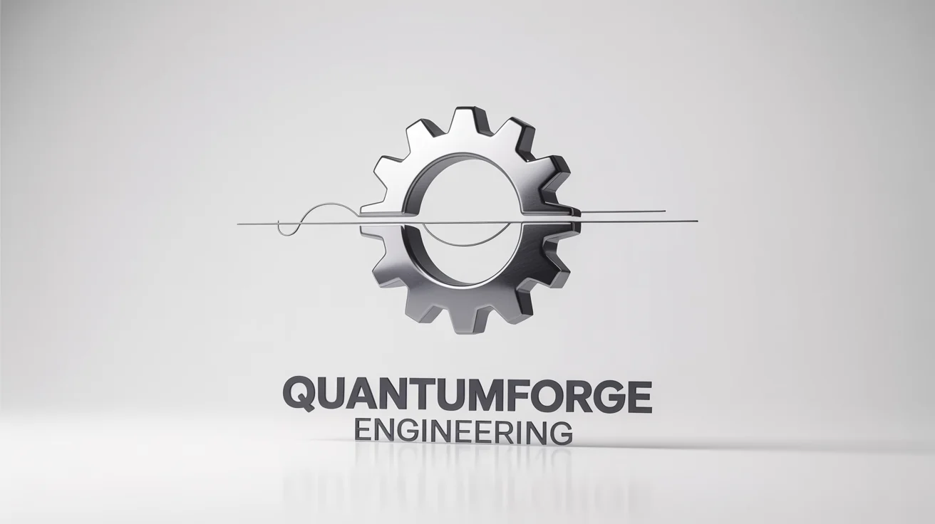 A modern engineering logo for 'QuantumForge Engineering' featuring a metallic silver gear and blueprint design, presented on a clean white background.
