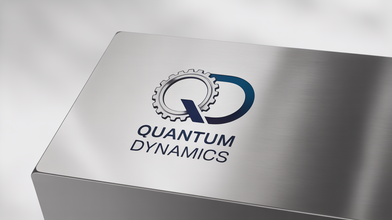 A modern engineering logo for 'Quantum Dynamics' featuring a 'QD' monogram with a gear, professionally mocked up on a brushed aluminum surface against a white background.
