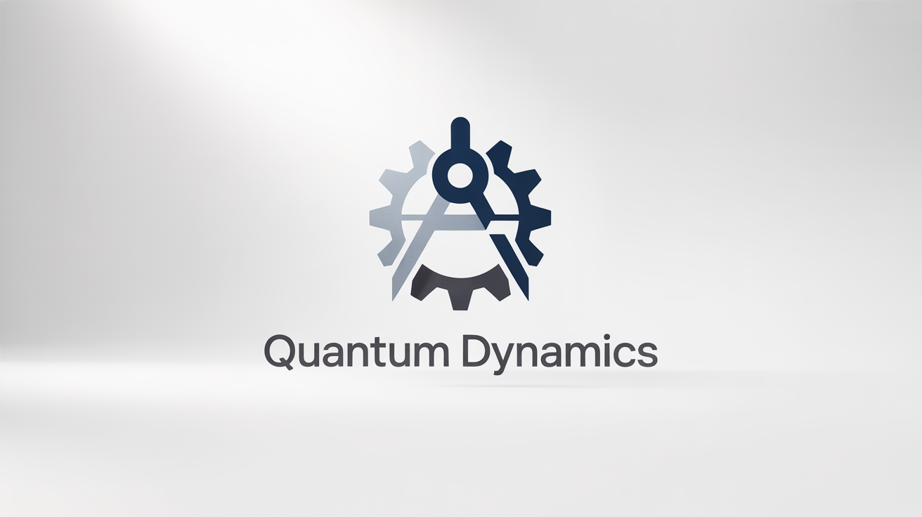 A professional engineering logo for a fictional company called 'Quantum Dynamics'. The logo features a blue and silver geometric icon resembling a compass and gear, displayed on a clean white background.