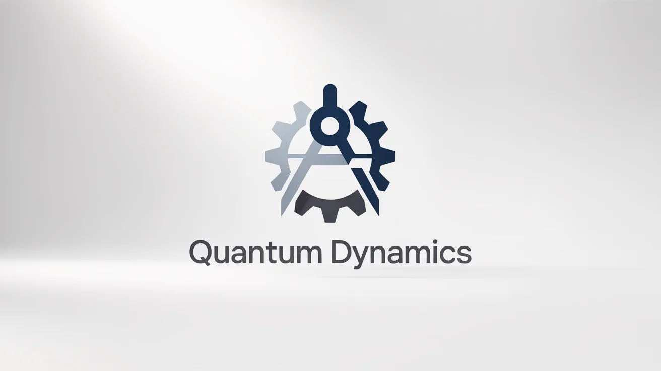A professional engineering logo for a fictional company called 'Quantum Dynamics'. The logo features a blue and silver geometric icon resembling a compass and gear, displayed on a clean white background.