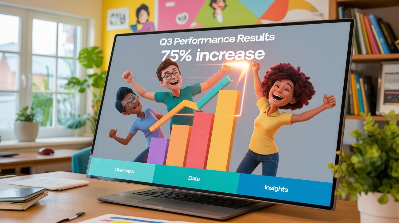 A keyframe from a professionally designed animated presentation video showing animated characters and a bar chart indicating significant growth, with the text 'Q3 Performance Results'.