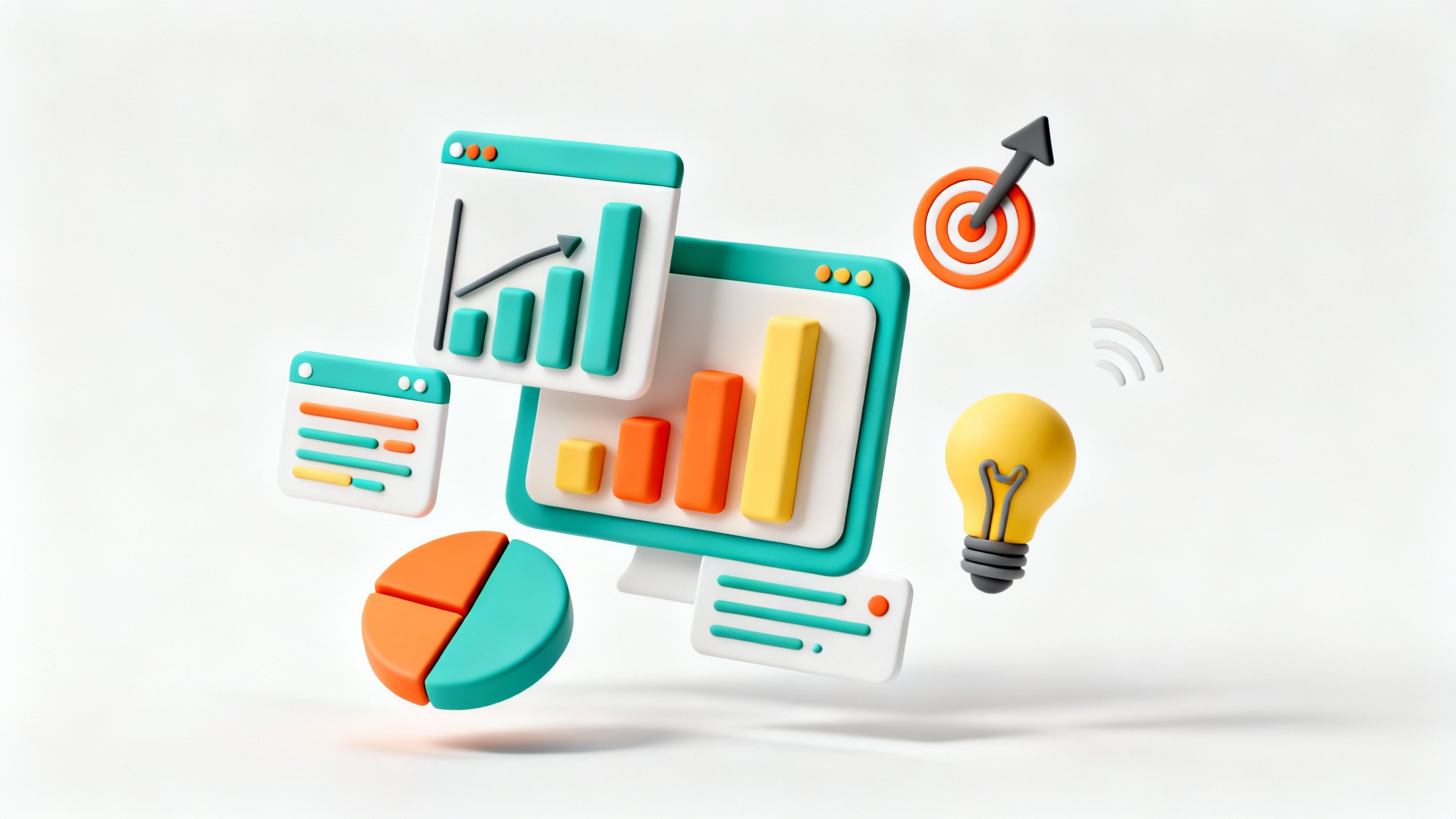 A 3D illustration of animated presentation elements, including colorful charts and icons, floating against a white background, symbolizing a dynamic animated presentation.