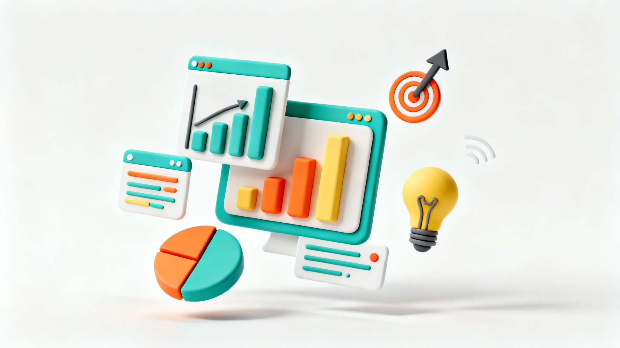 A 3D illustration of animated presentation elements, including colorful charts and icons, floating against a white background, symbolizing a dynamic animated presentation.