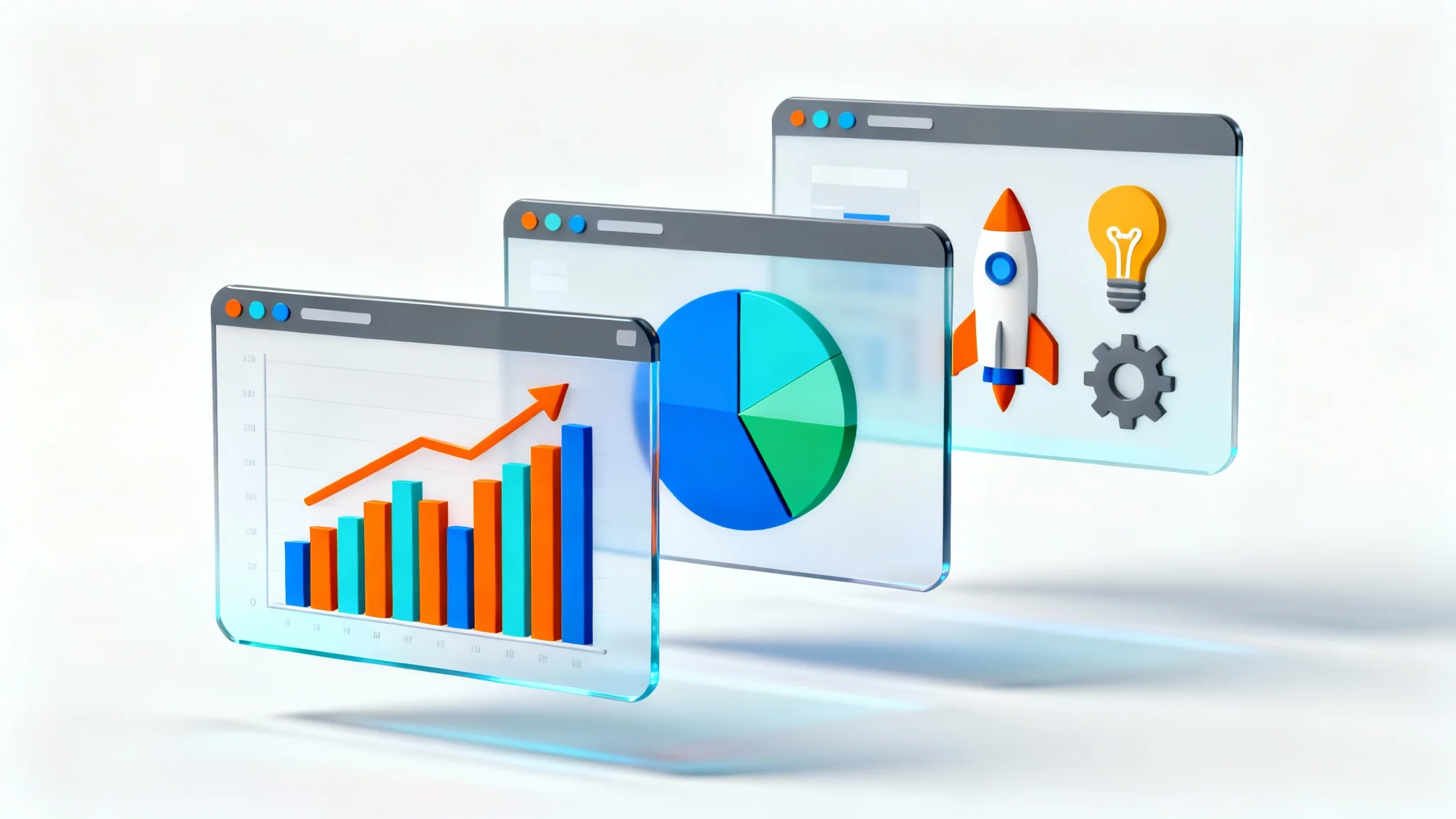 A series of colorful, animated presentation slides floating against a white background, featuring business graphics like a rising bar chart, a pie chart, and modern icons representing growth and ideas.