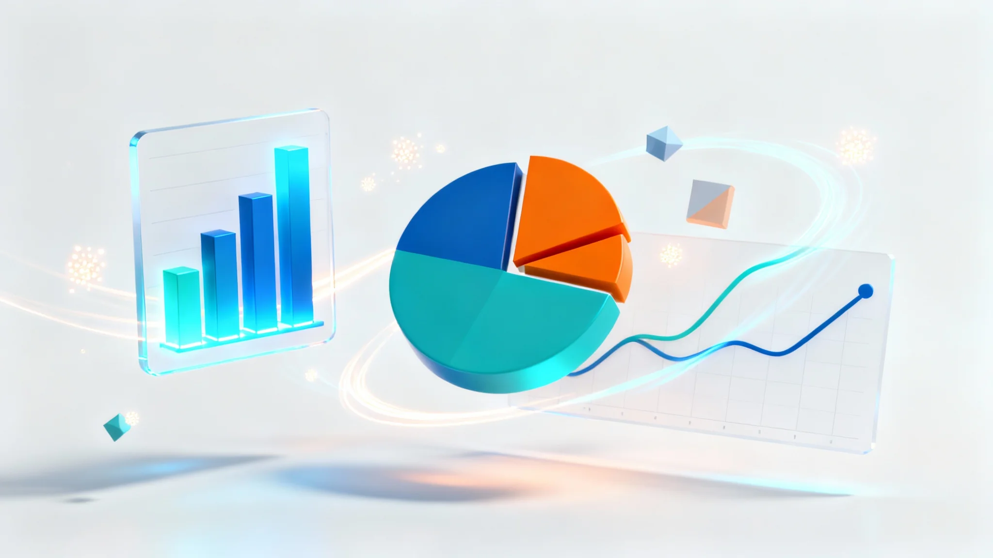 A 3D rendering of animated presentation elements, including a bar chart, pie chart, and line graph, floating dynamically against a clean white background, conveying motion and data.