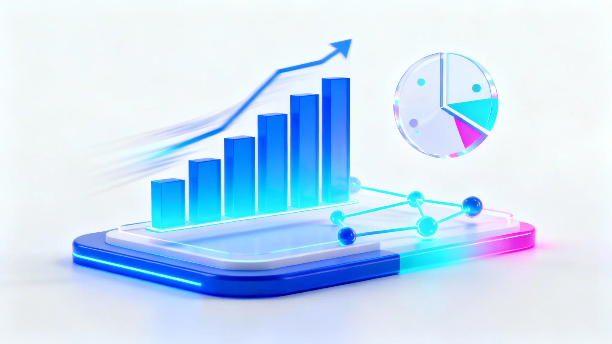 A vibrant 3D rendering of an animated presentation, showing holographic bar charts and data visualizations floating against a clean white background.