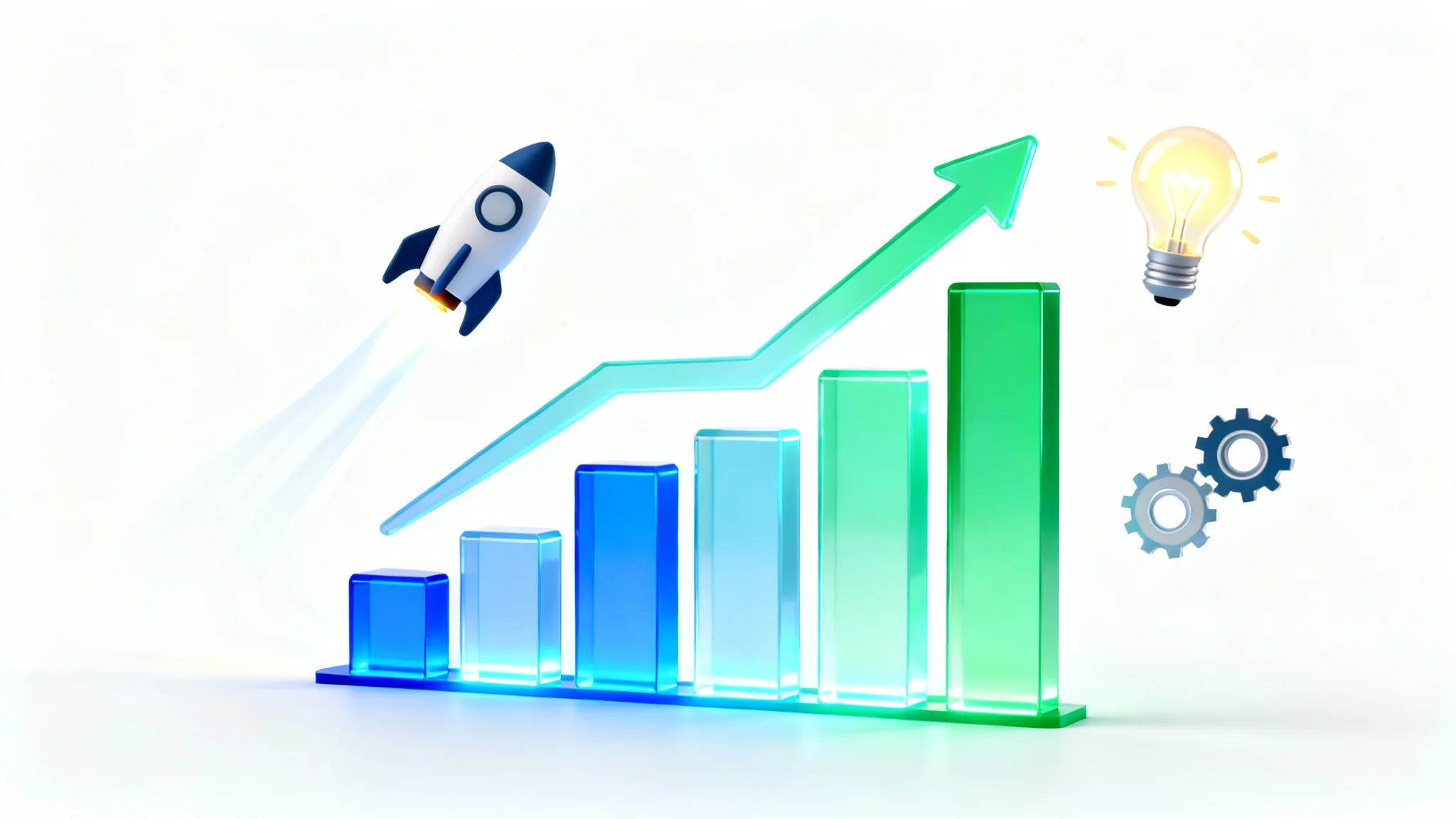 A still frame from an animated presentation video showing a vibrant, glowing bar chart indicating growth. Stylized icons of a rocket and a lightbulb float nearby against a clean white background.