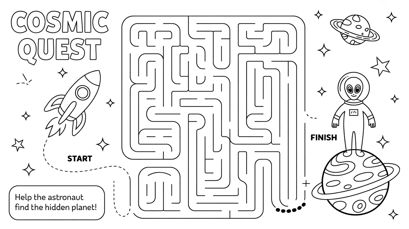 A vibrant, space-themed maze activity sheet for children titled 'COSMIC QUEST'. The maze has a red dotted line showing the solved path from a rocket ship to a planet with an alien. The completed sheet is shown on a clean white background.