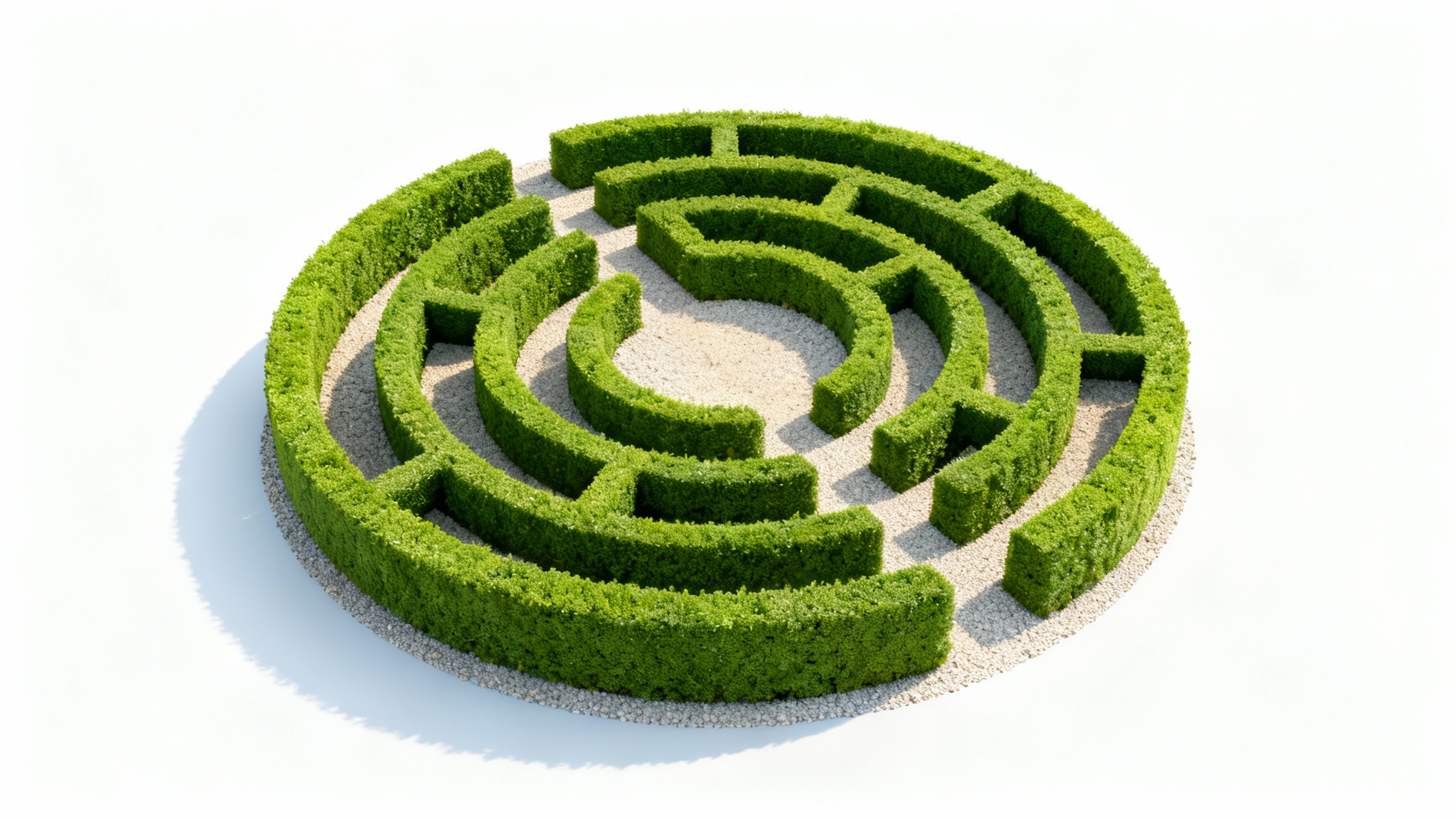A top-down view of a circular hedge maze mockup with gravel paths, set against a clean white background.