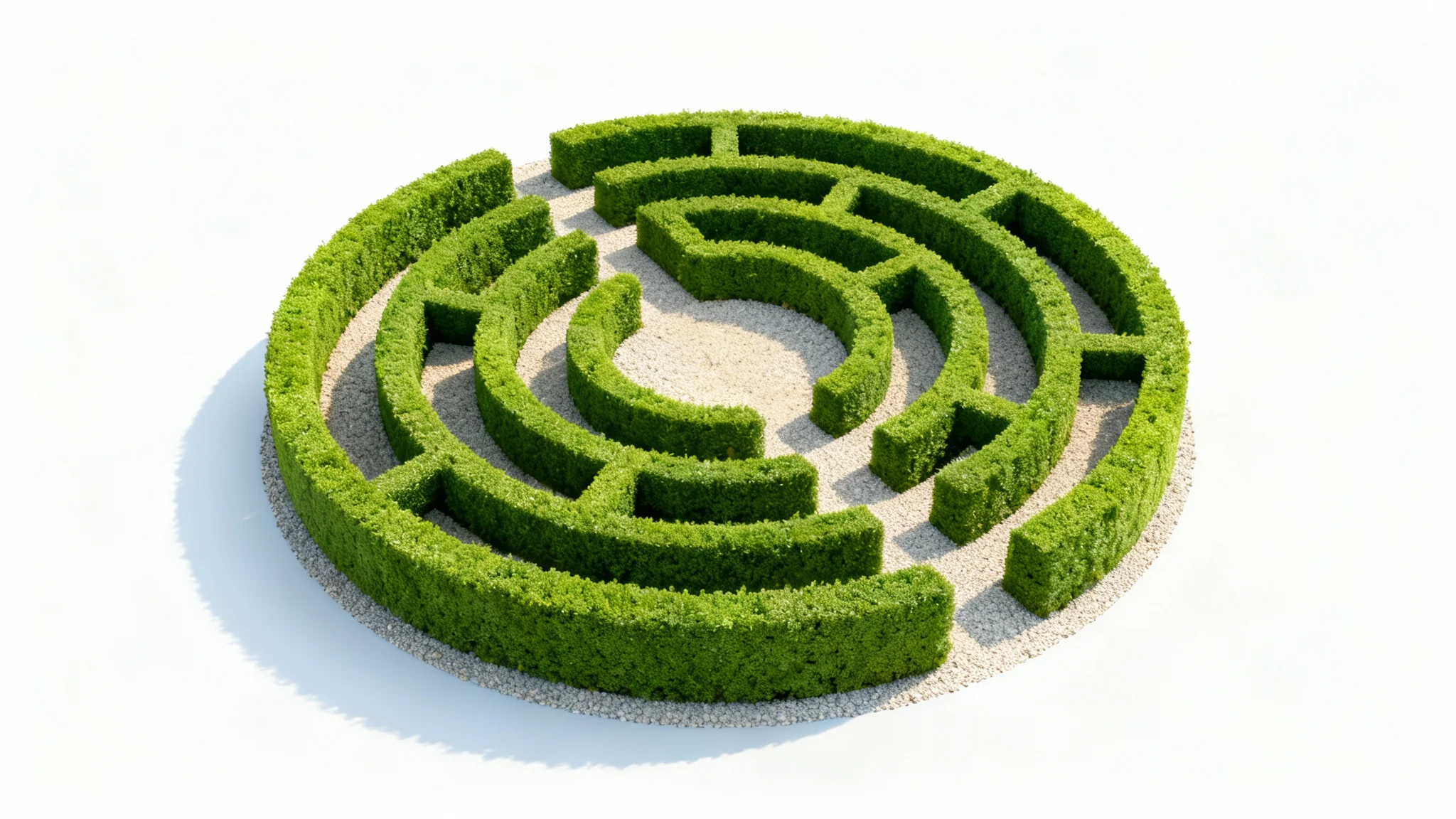 A top-down view of a circular hedge maze mockup with gravel paths, set against a clean white background.