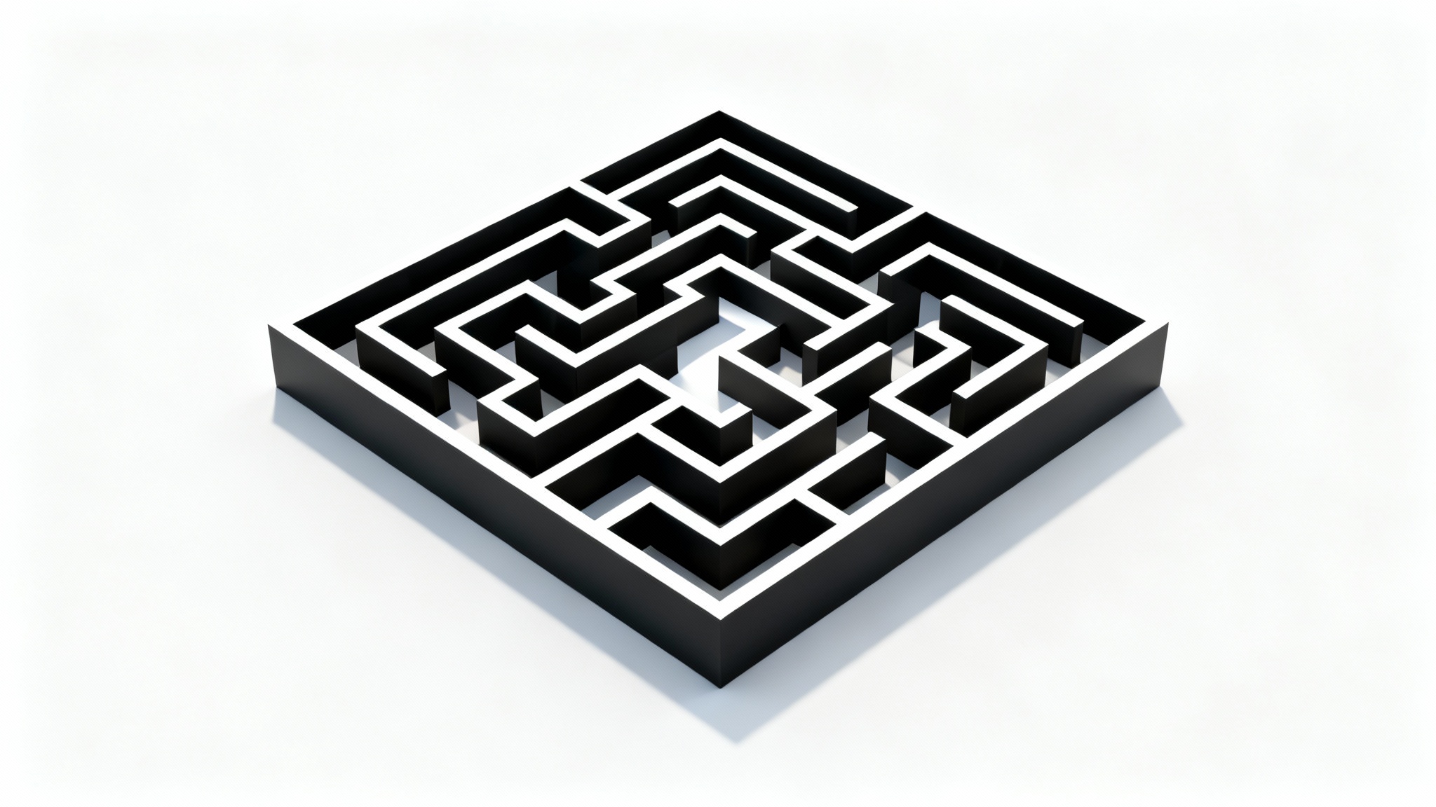 A high-contrast, top-down view of a complex square maze with black walls and white pathways, centered on a clean white background.