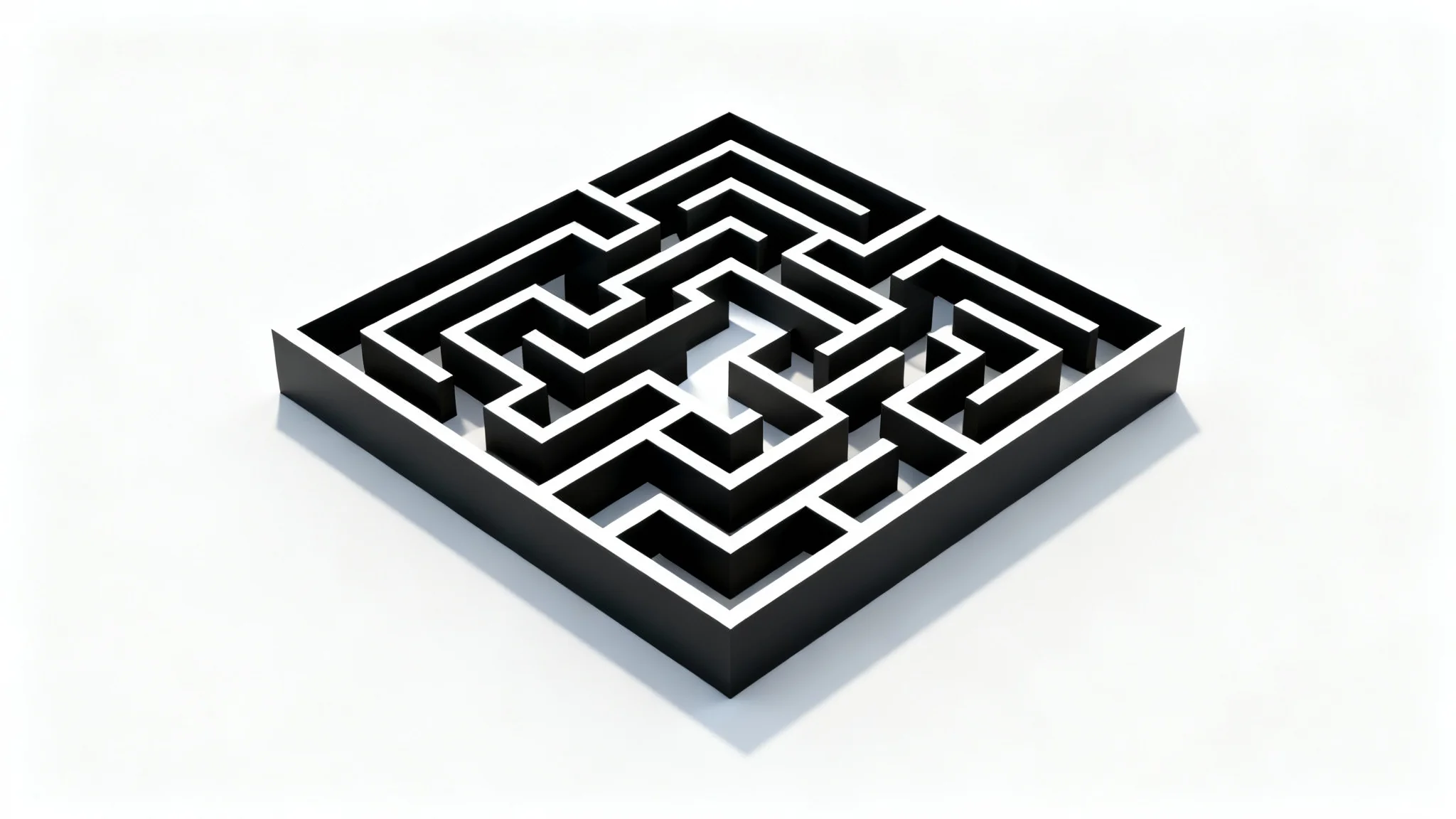 A high-contrast, top-down view of a complex square maze with black walls and white pathways, centered on a clean white background.
