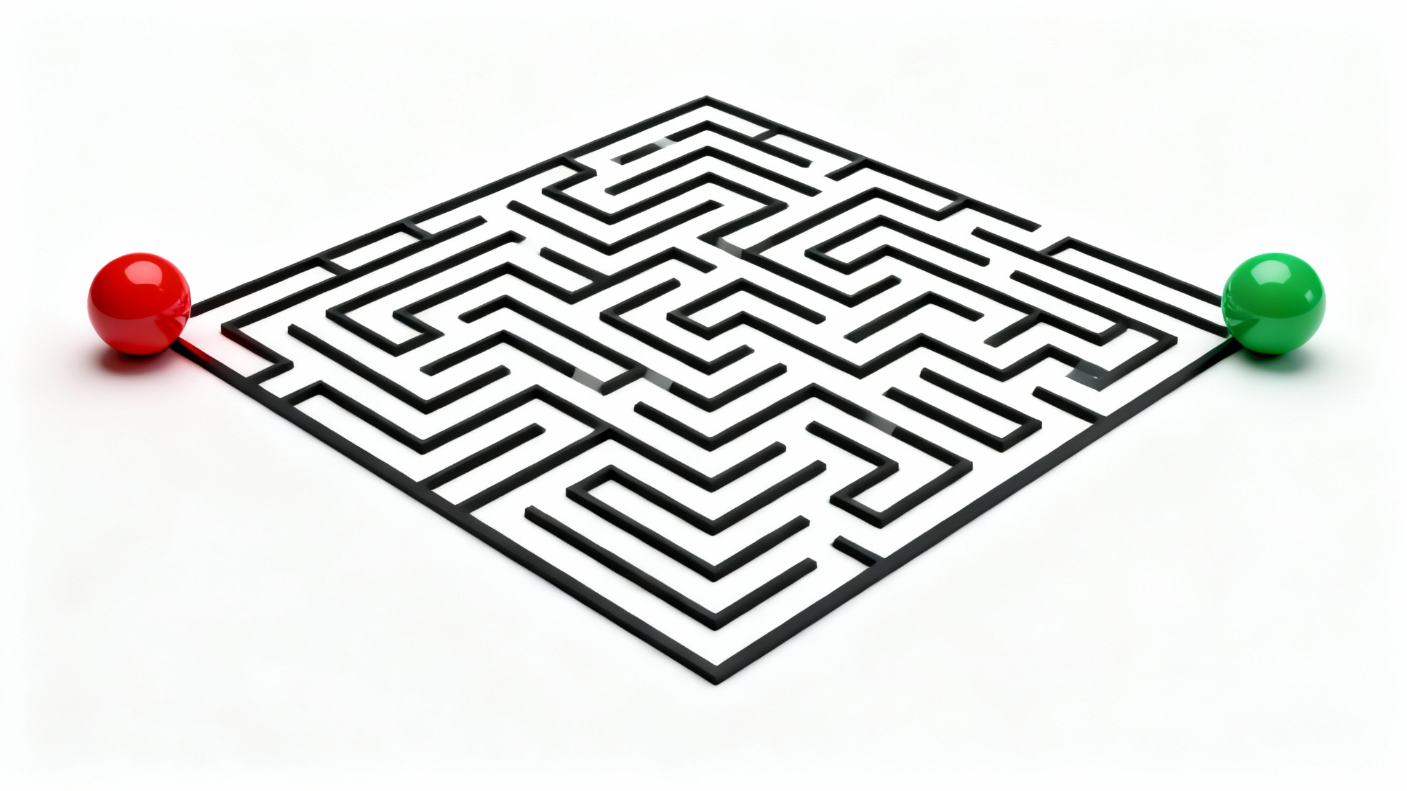 A top-down, minimalist mockup of a complex black and white square maze on a plain white background, featuring a red dot at the start and a green dot at the finish.