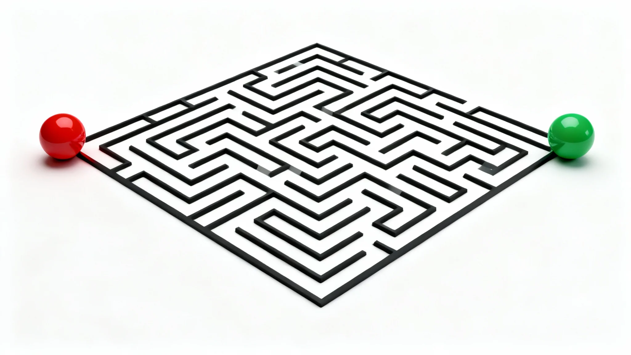 A top-down, minimalist mockup of a complex black and white square maze on a plain white background, featuring a red dot at the start and a green dot at the finish.