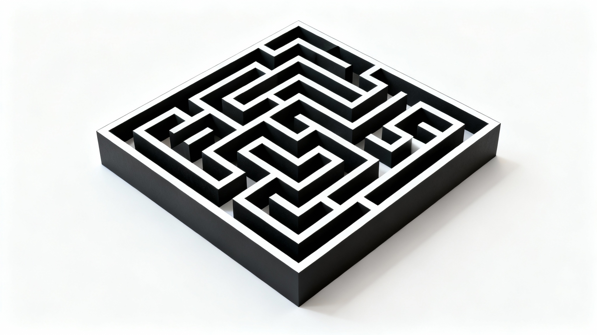 A top-down view of a complex square maze with stark black walls and clean white pathways, set against a plain white background.