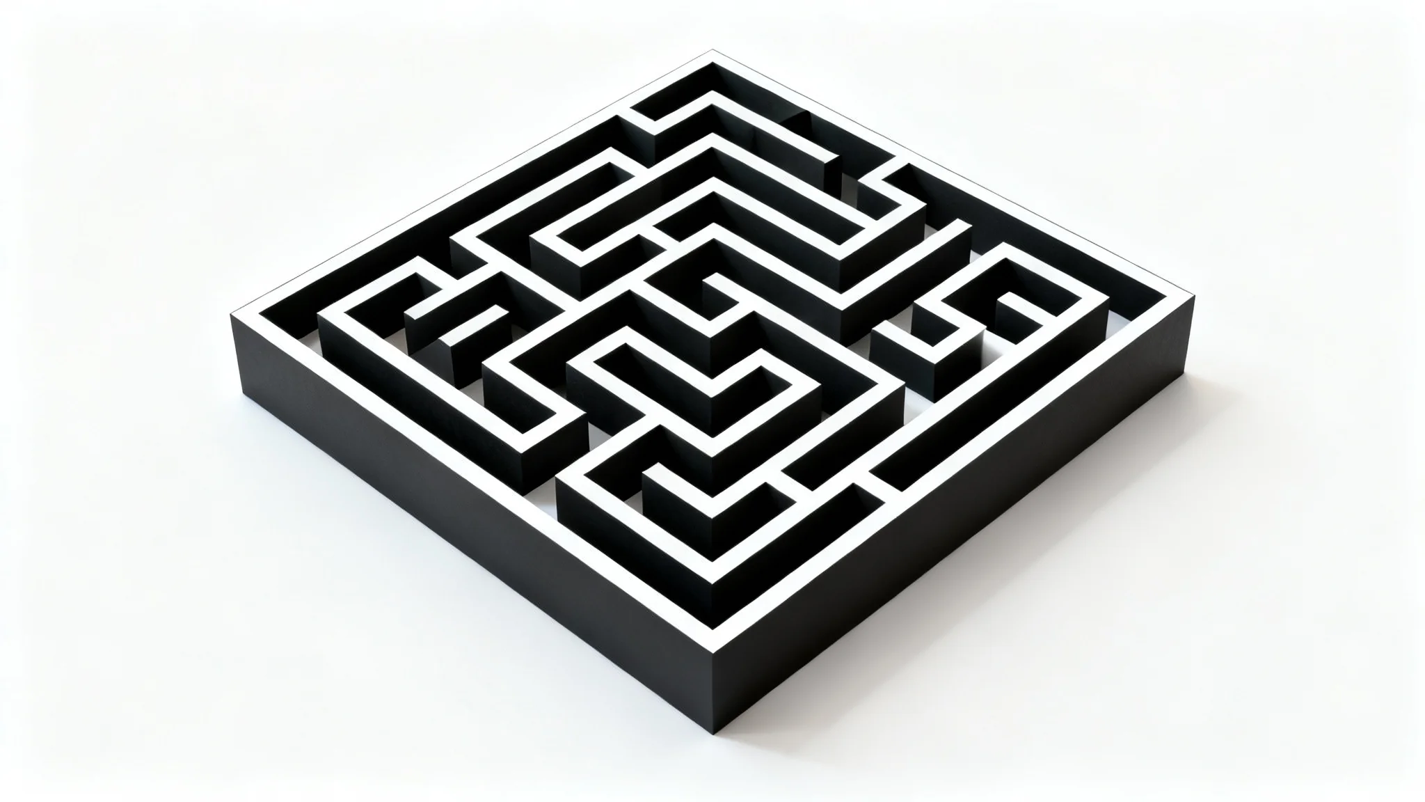 A top-down view of a complex square maze with stark black walls and clean white pathways, set against a plain white background.
