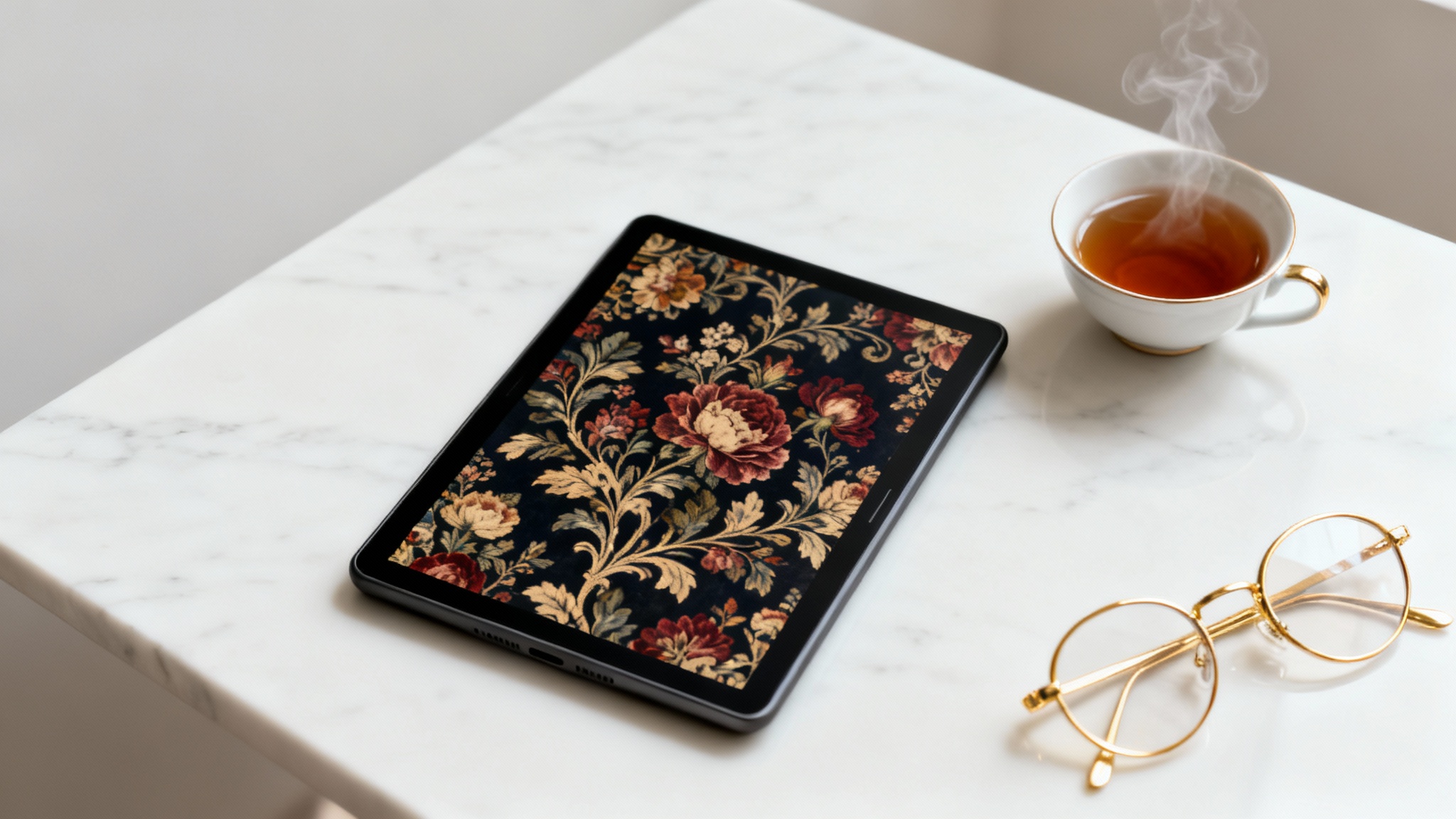 A Kindle Oasis e-reader with a beautiful vintage floral decal, displayed on a white marble table next to glasses and a cup of tea, showcasing a premium, personalized look.