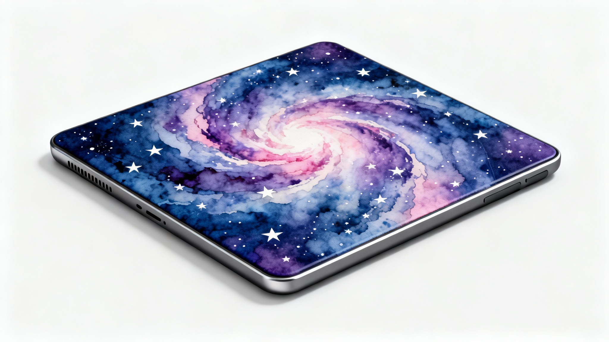 A close-up shot of a Kindle Oasis e-reader on a white background, showcasing a custom decal with a vibrant watercolor galaxy design.