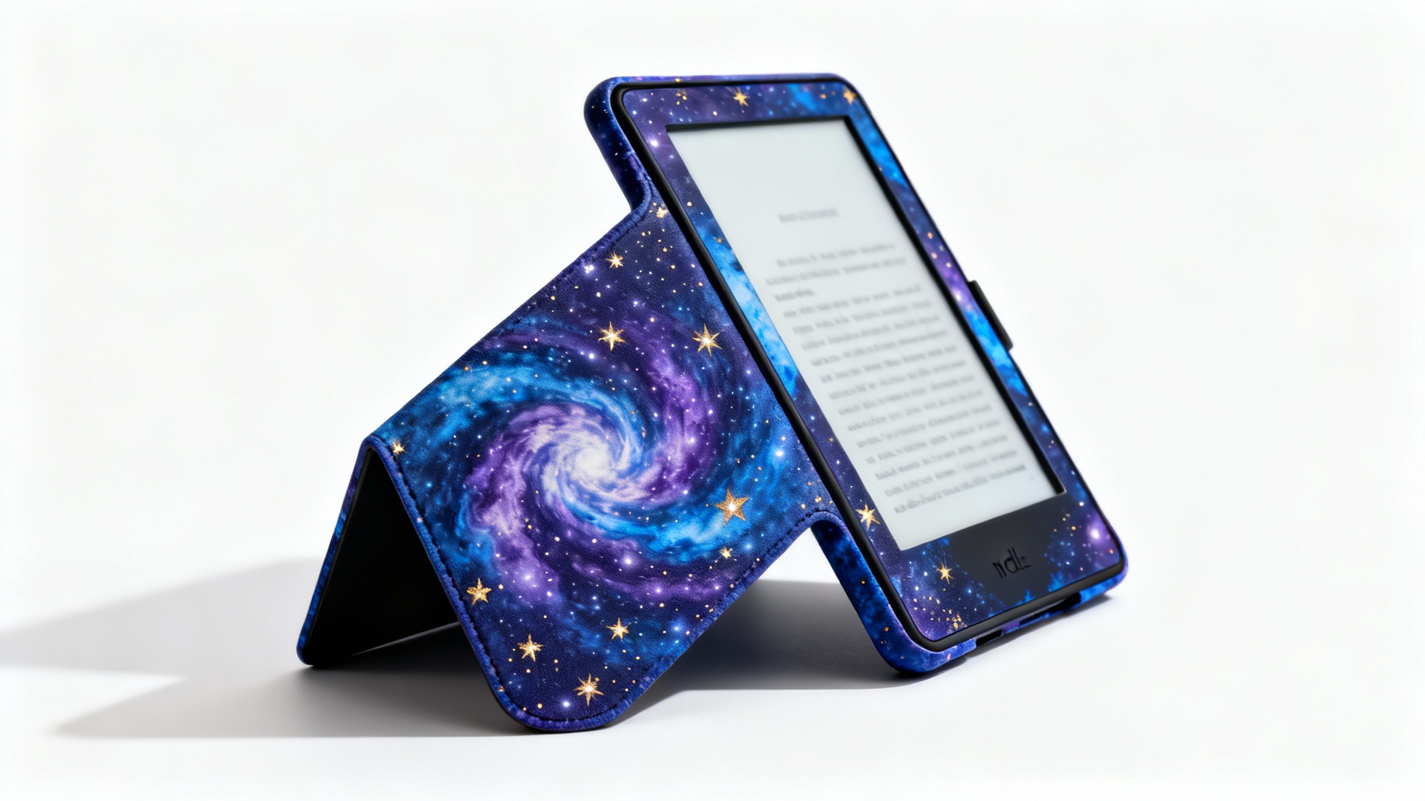 A Kindle Oasis e-reader featuring a beautiful celestial night sky decal, displayed on a clean white background in a professional product shot.