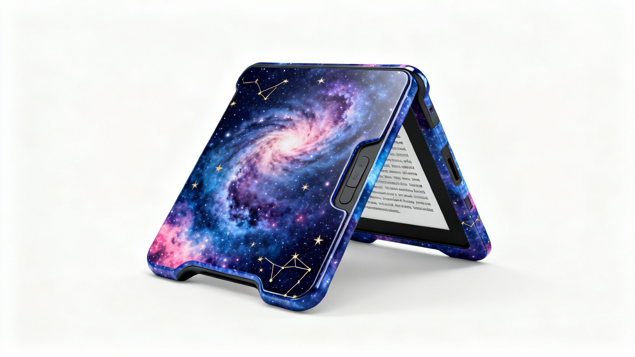 A photorealistic mockup of a Kindle Oasis e-reader on a white background, adorned with a vibrant celestial night sky decal featuring stars and nebulae.