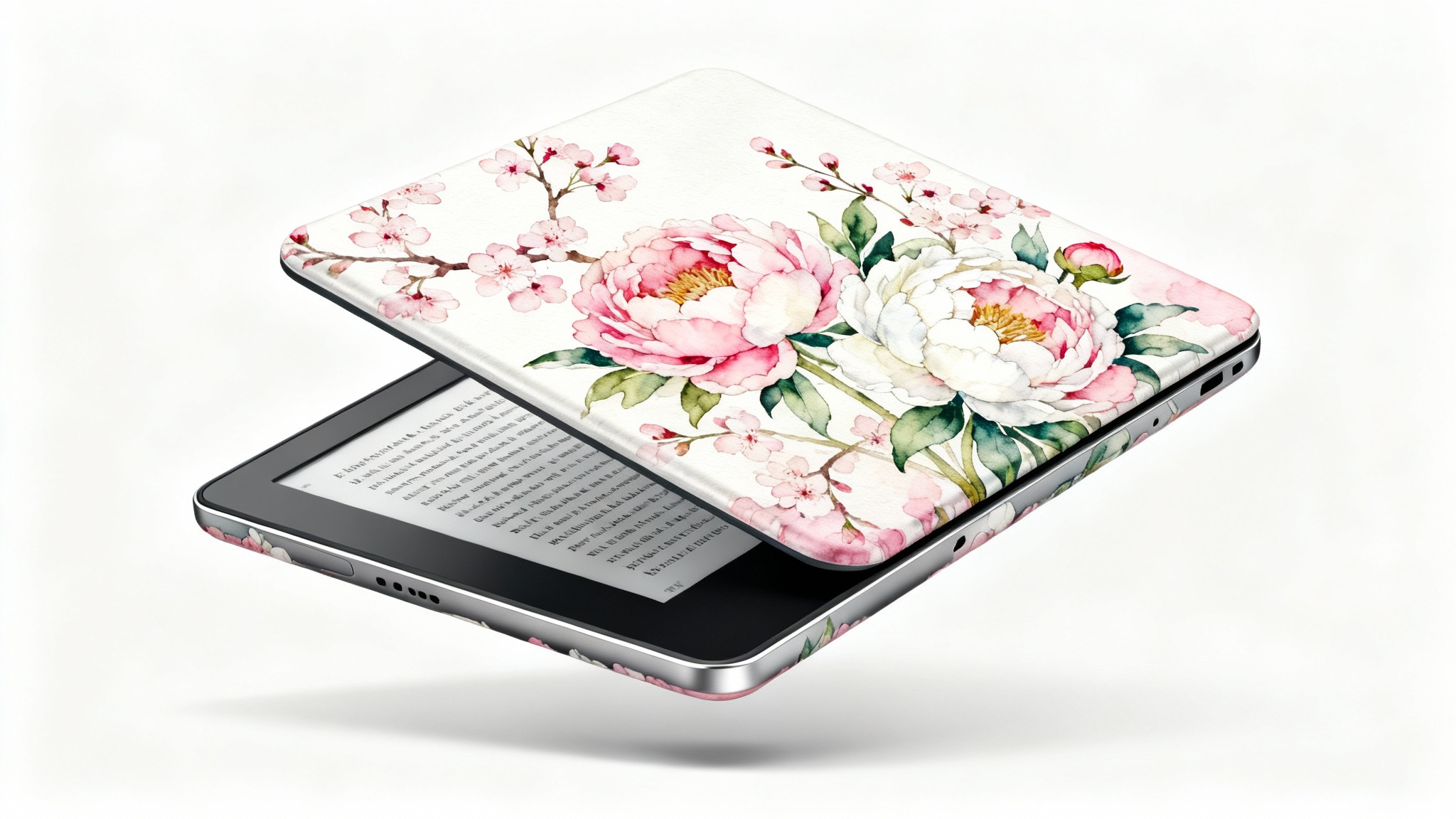 A Kindle Oasis e-reader with a beautiful watercolor decal of pink and white flowers, displayed at an angle on a clean white background.