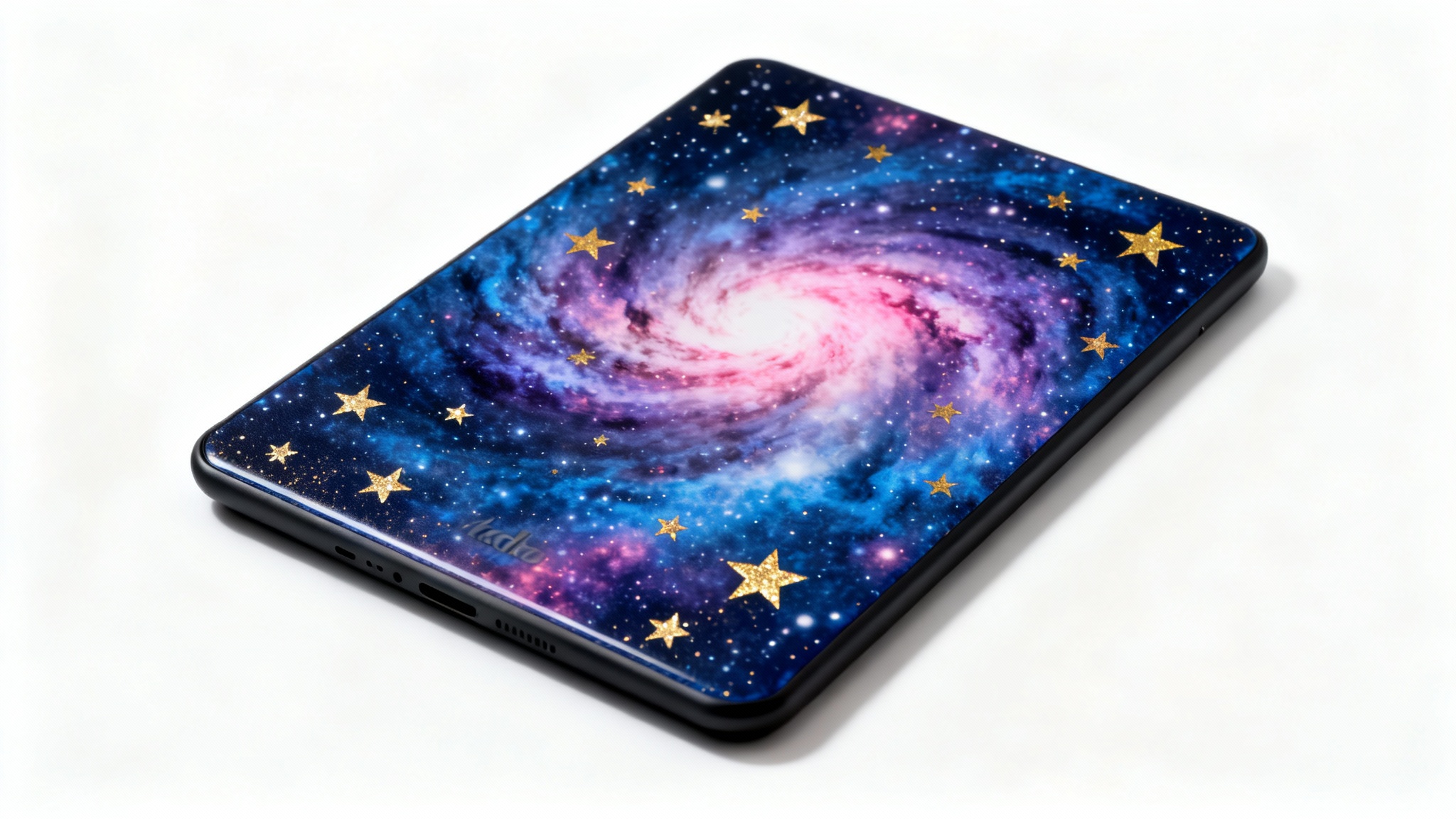 A photorealistic mockup of a Kindle Oasis e-reader featuring a beautiful celestial night sky decal on its back, set against a clean white background.