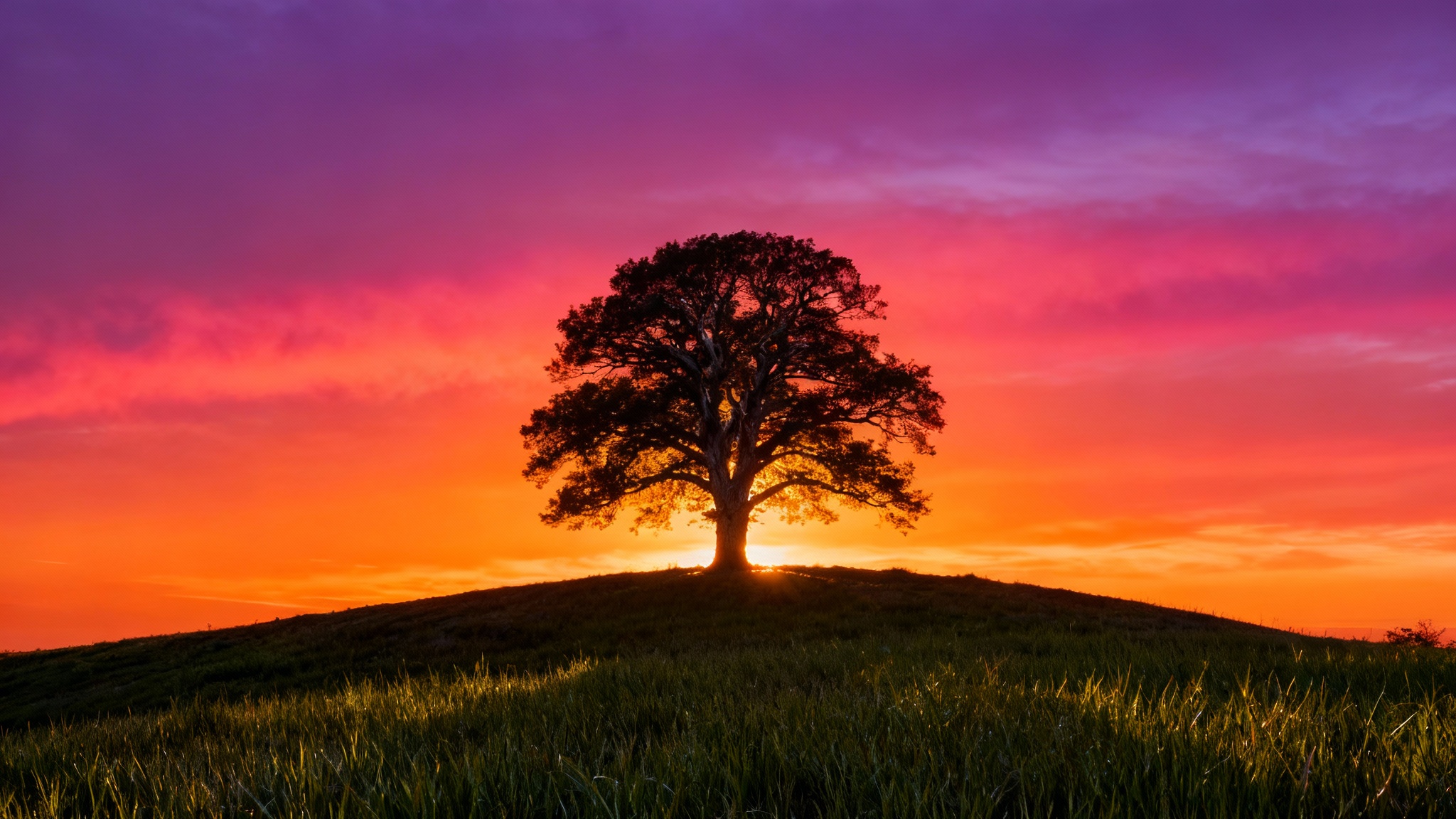 A stunning landscape photo at sunset, perfectly edited to show high dynamic range. A lone tree on a hill is visible in crisp detail, as is the grassy foreground, while the vibrant orange and purple sky retains all its color and texture.