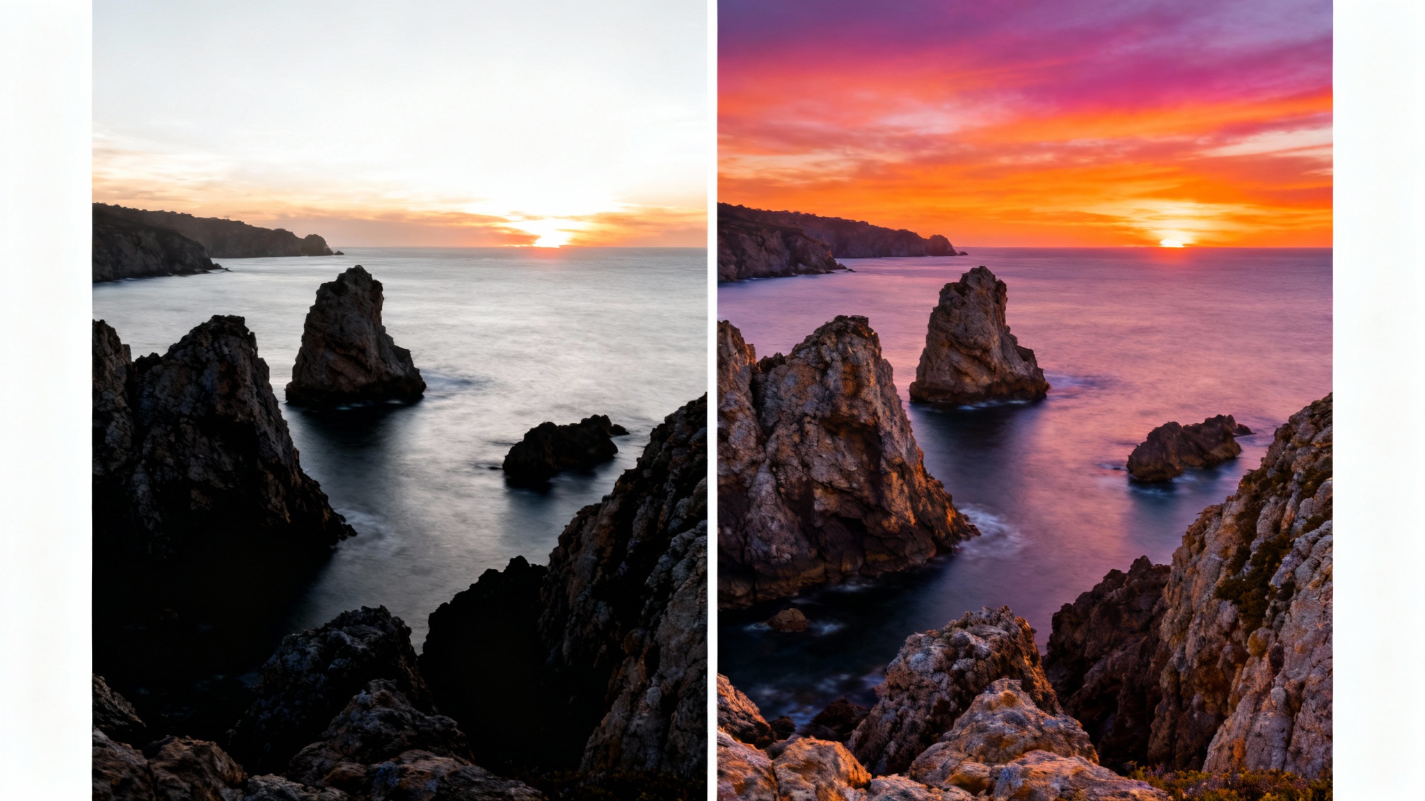A split-image demonstrating photo editing on a coastal sunrise photo. The left 'before' side is high-contrast with lost detail in the bright sky and dark rocks. The right 'after' side is perfectly balanced, showing vibrant colors and full detail in both the sky and rocks, illustrating the power of luminosity masks.