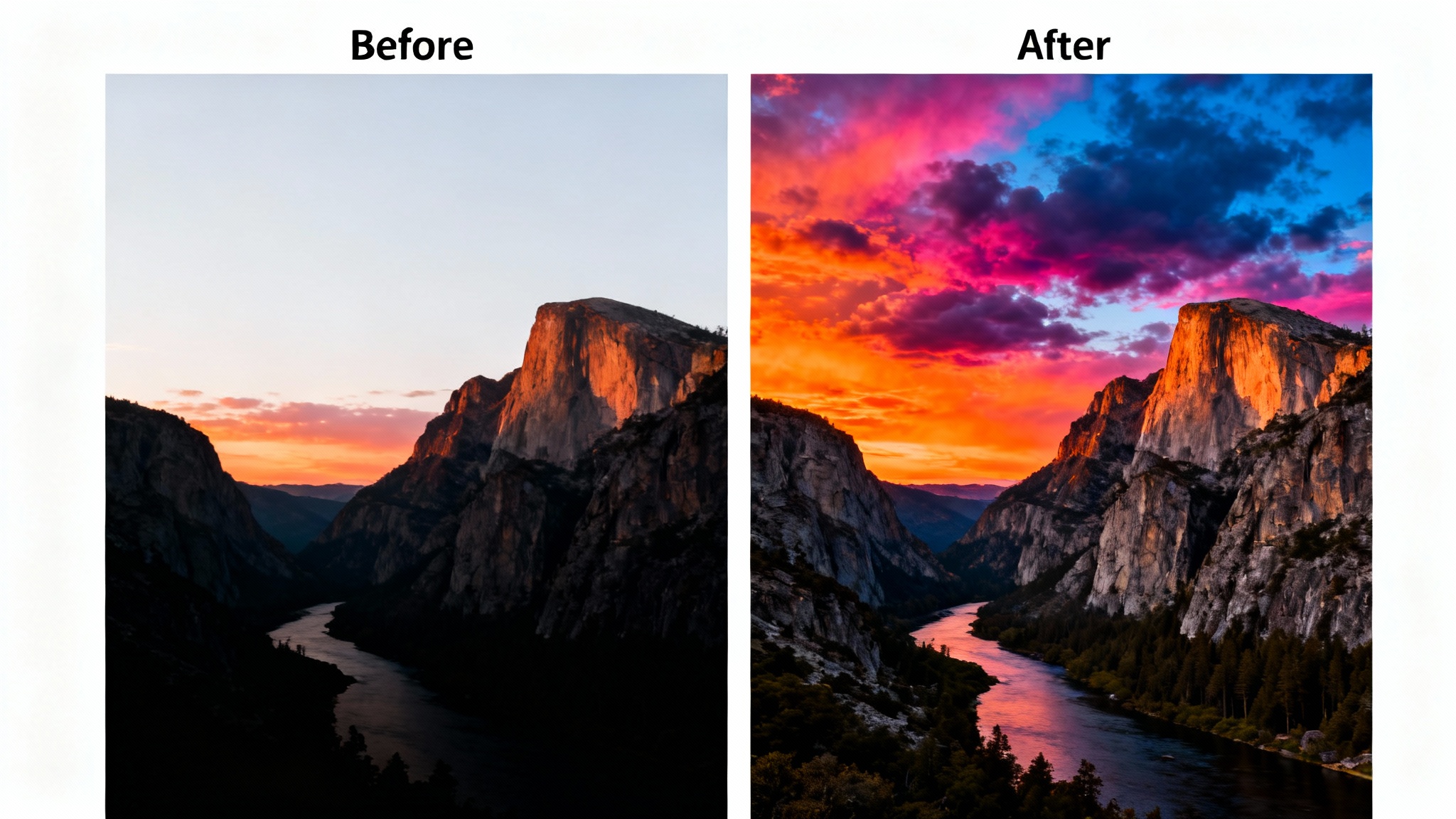 A split-screen comparison of a mountain sunset photo. The 'before' side has harsh highlights and dark shadows. The 'after' side is perfectly balanced, showing the powerful effect of a luminosity mask.