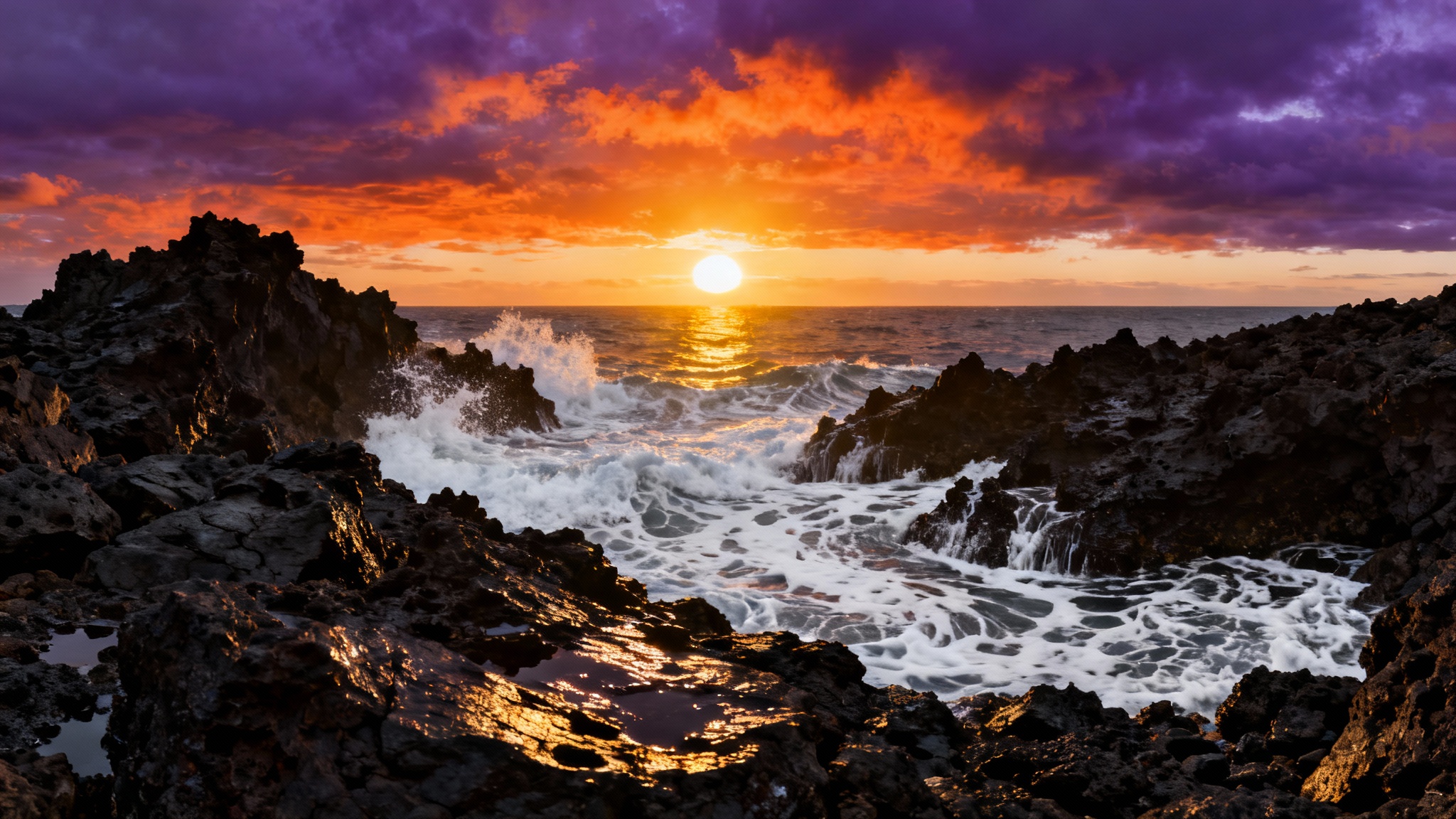 A dramatic, high-dynamic-range photo of a sunset over a rocky coast, demonstrating the effects of a luminosity mask with perfect detail in both the bright sky and dark rocks.