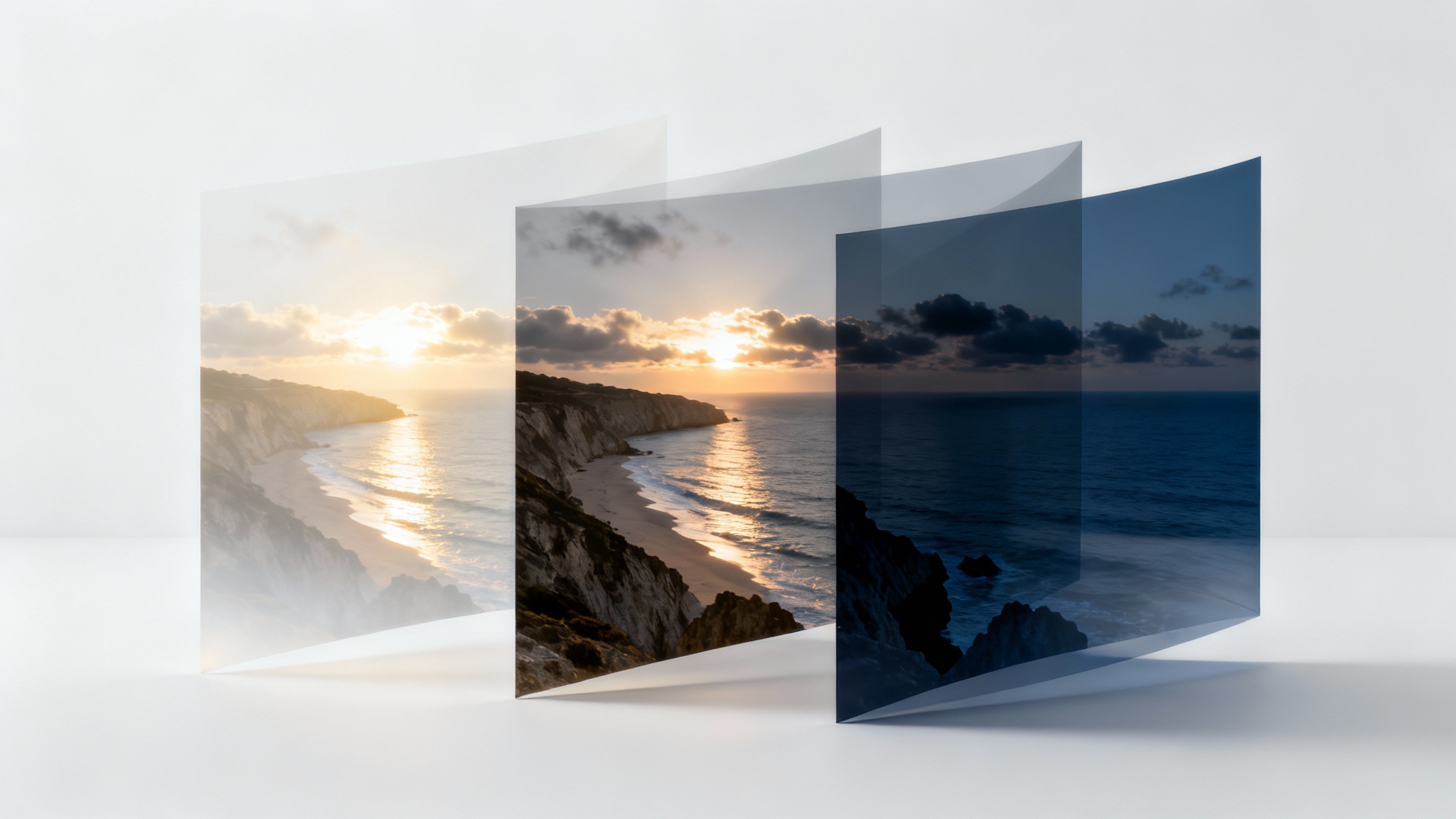 A conceptual image of luminosity masks featuring a coastal sunset photo. Three glowing, semi-transparent layers float in front, individually representing the image's highlights, midtones, and shadows, all set against a plain white background.