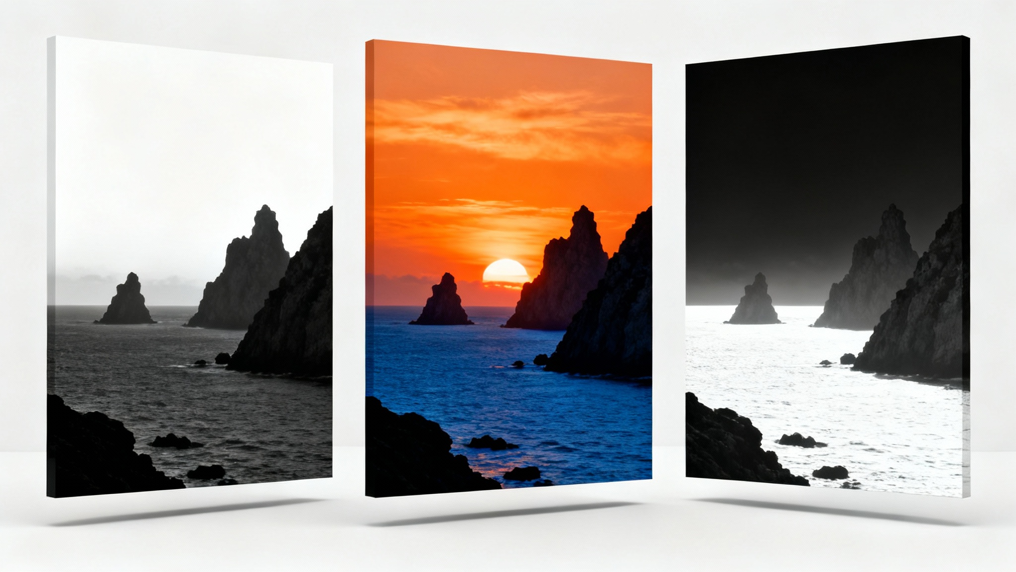 A conceptual mockup illustrating a luminosity mask, showing a coastal sunset photo split into three parts: the full-color image, a grayscale version of the highlights, and a grayscale version of the shadows.