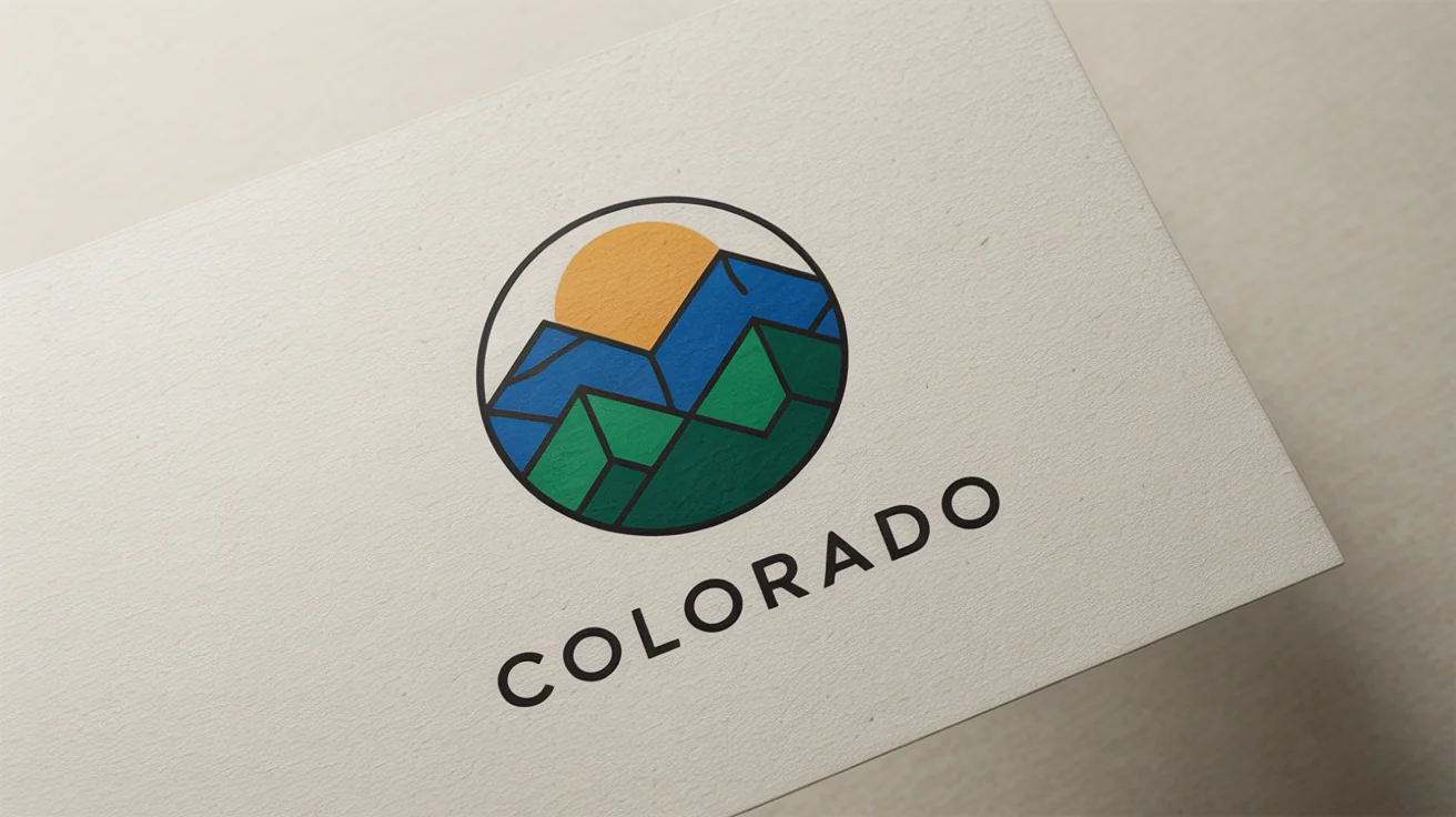 A modern, circular Colorado-inspired logo with stylized mountains and the word 'COLORADO', presented as a professional mockup on white textured paper.